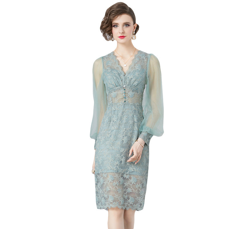 Elegant Lace Mesh Dress with Sheer Sleeves