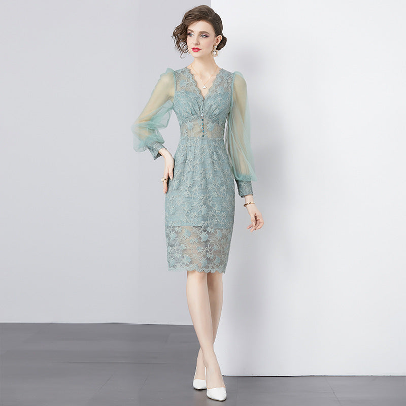 Elegant Lace Mesh Dress with Sheer Sleeves