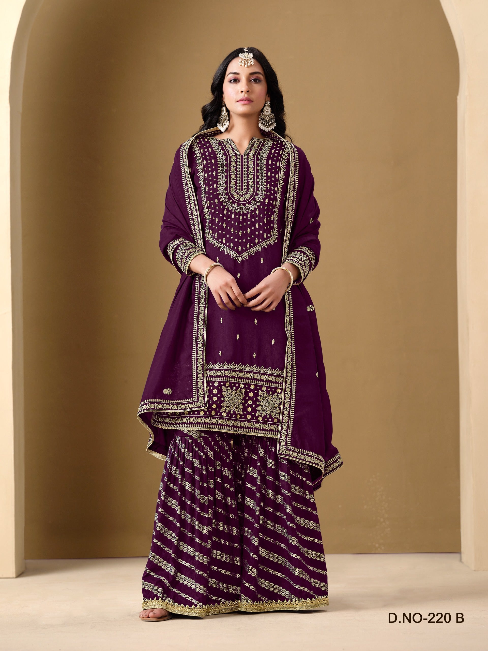 Regal Embroidered Sharara Suit Set | Art Silk Ensemble with Dolla Jacquard Sharara & Dupatta