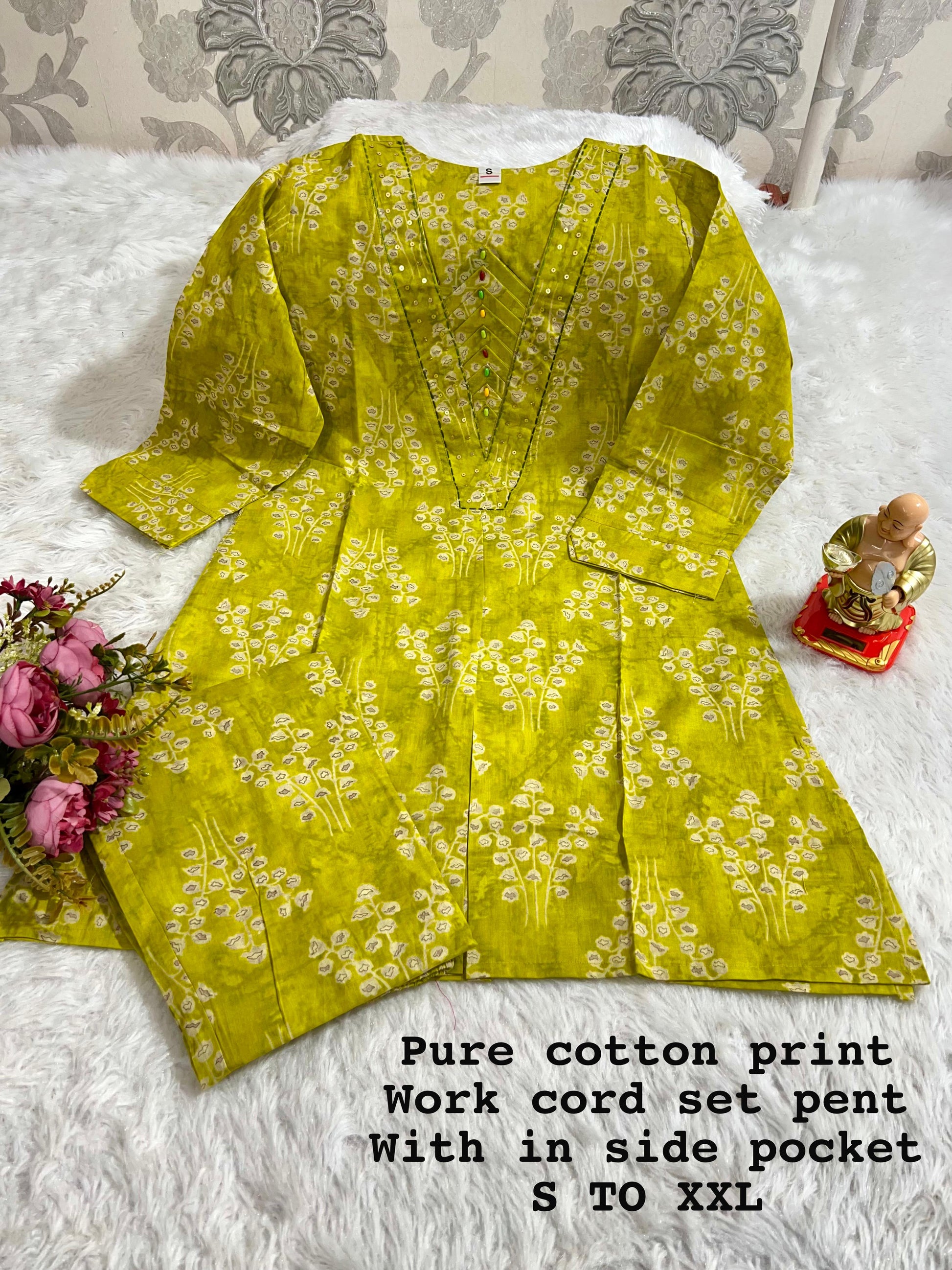 Elegant Hand worked Cotton CORD-SET Suit with Printed V-Neck Design & Matching Pant