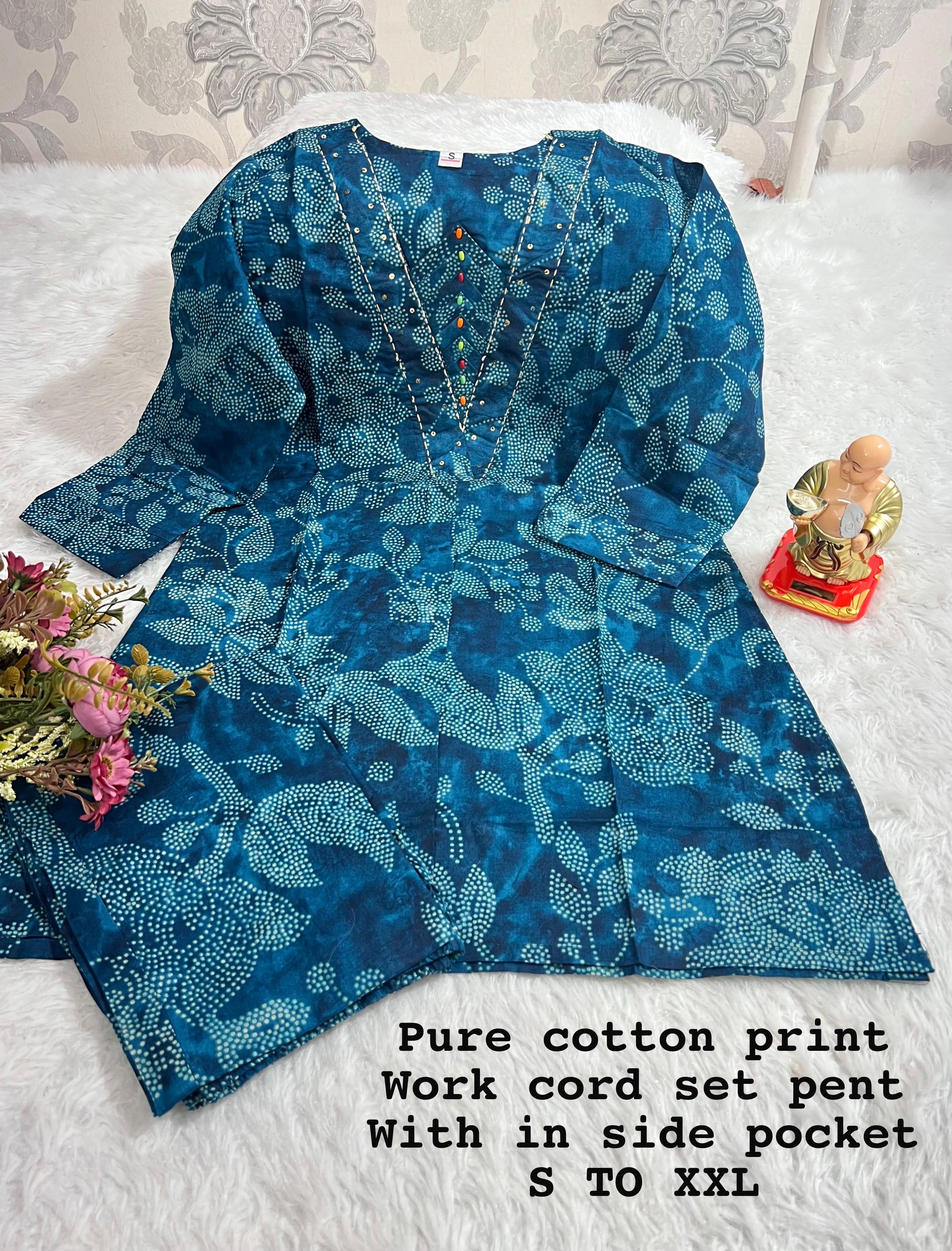 Elegant Hand worked Cotton CORD-SET Suit with Printed V-Neck Design & Matching Pant