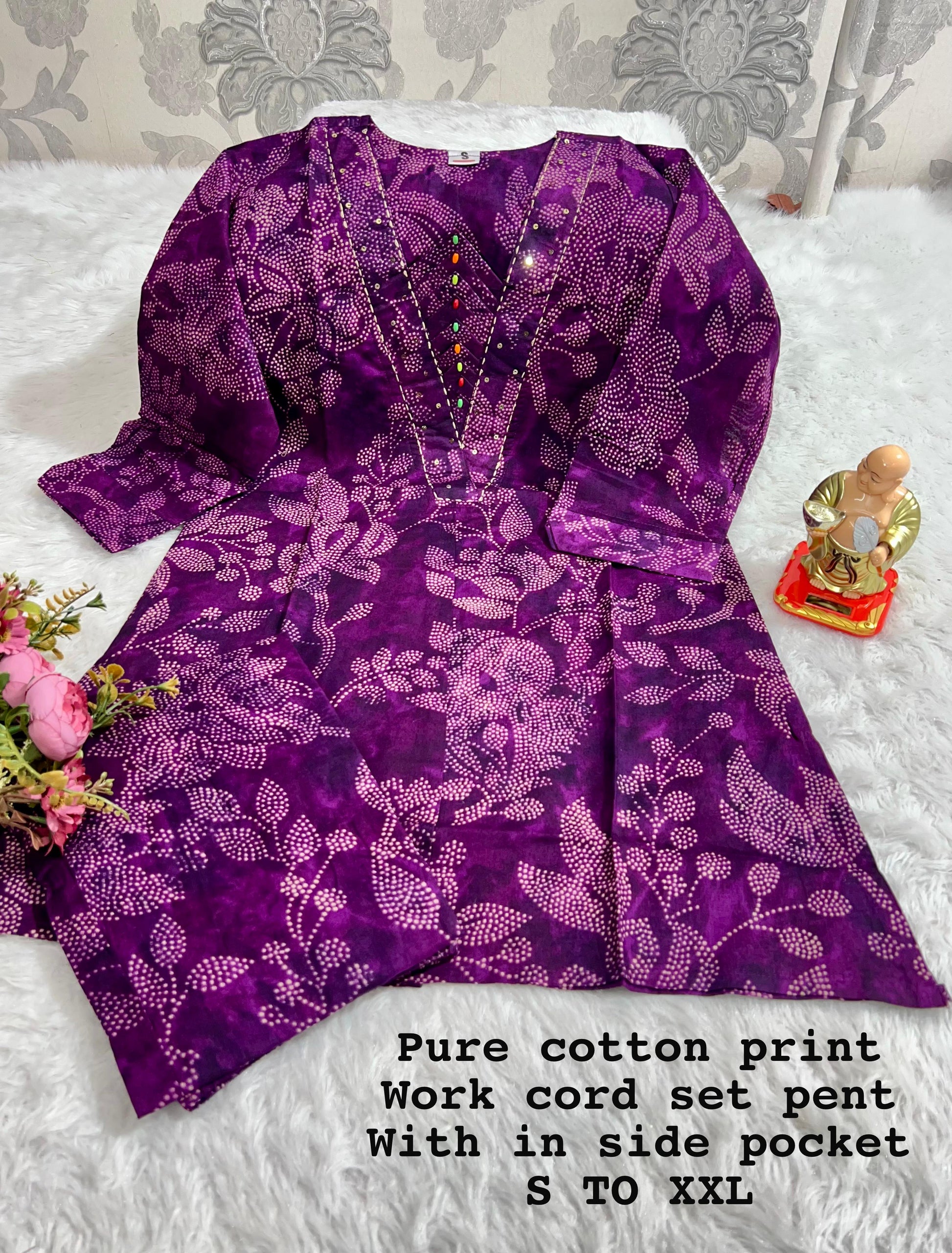 Elegant Hand worked Cotton CORD-SET Suit with Printed V-Neck Design & Matching Pant