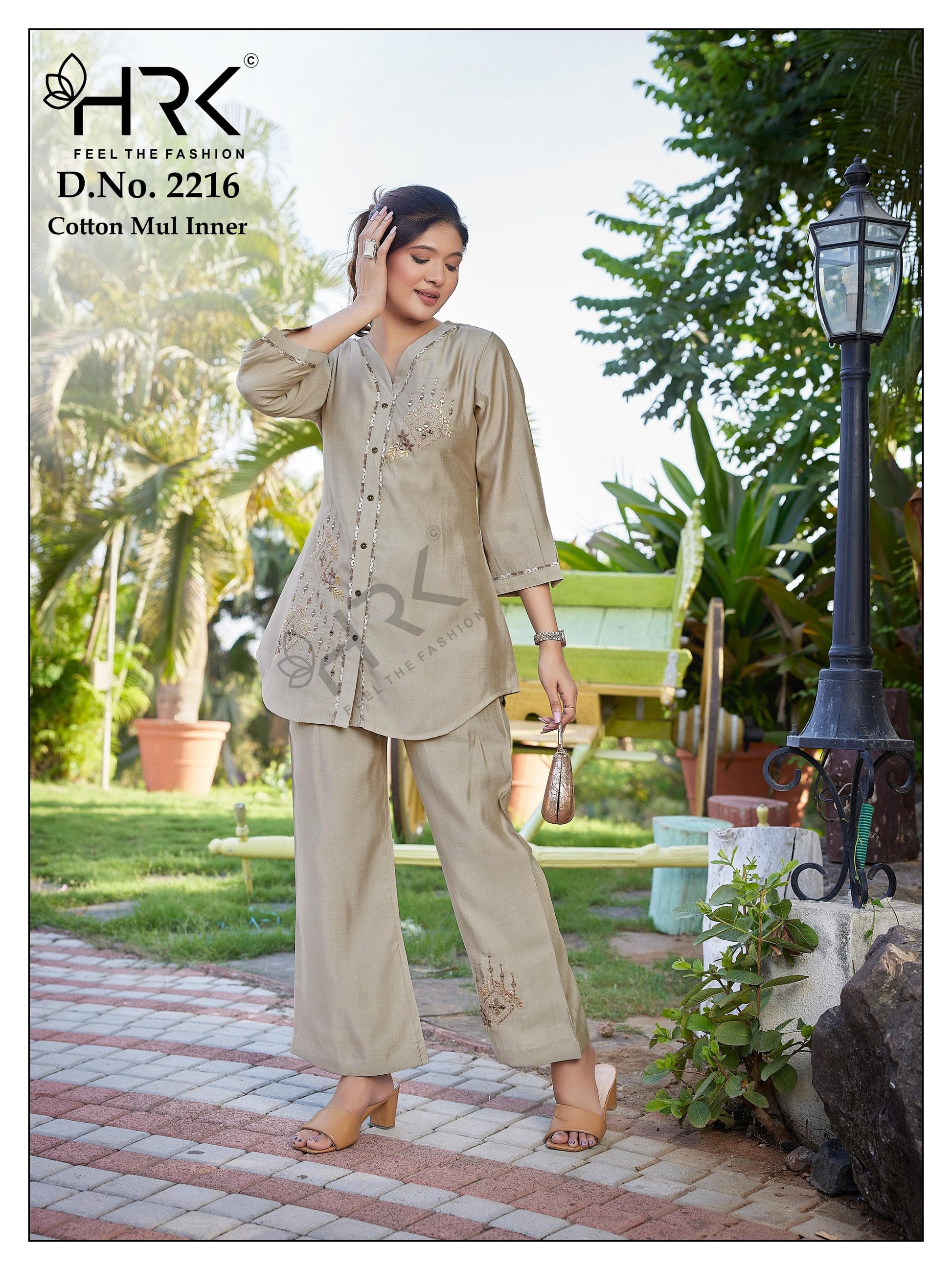 Graceful Beige PV Two-Tone Co-ord Set with Hand Embroidery & Cotton Mul Inner
