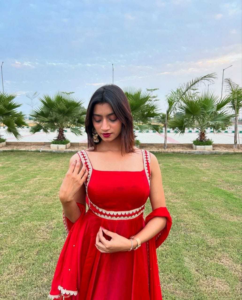 Radiant Red Flared Ethnic Gown with Embellished Detailing