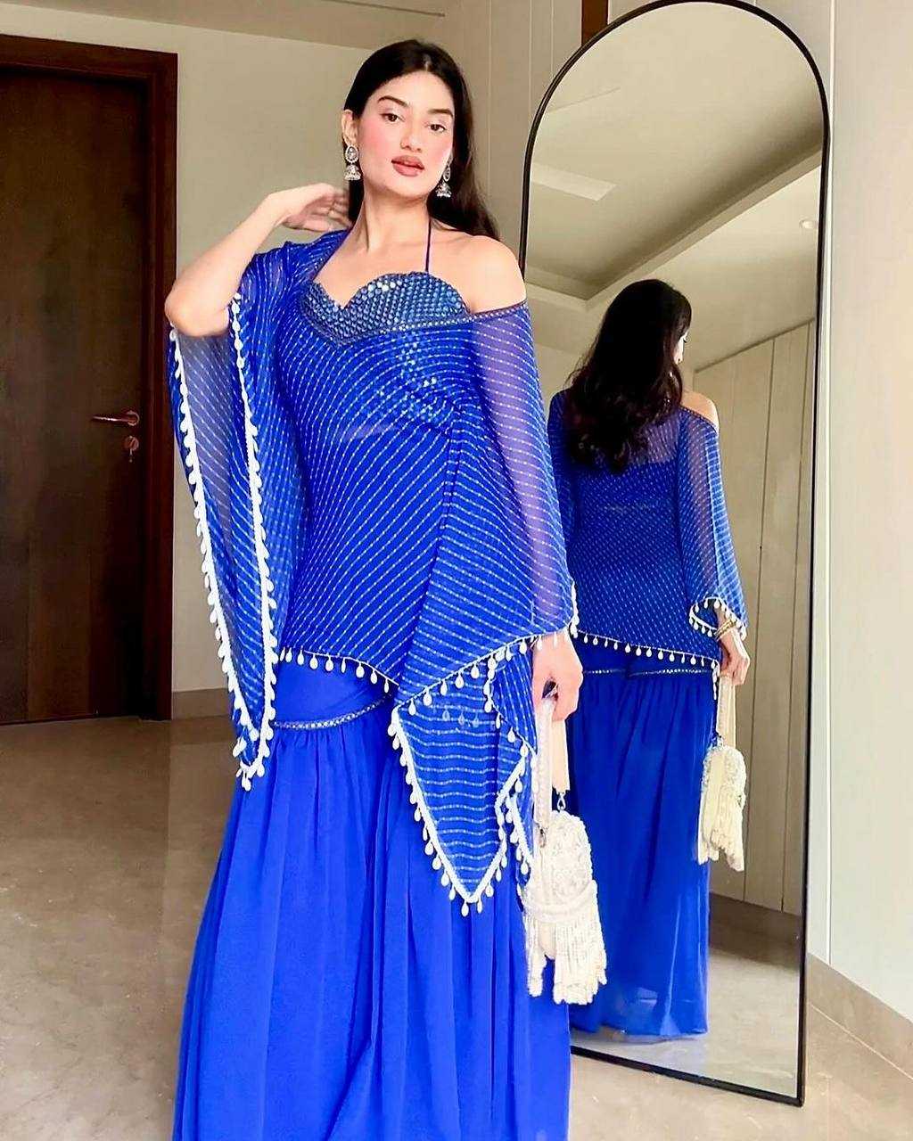 Celestial Glam Georgette Sharara Palazzo Set with Tassel Cape Dupatta