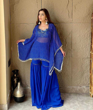 Celestial Glam Georgette Sharara Palazzo Set with Tassel Cape Dupatta