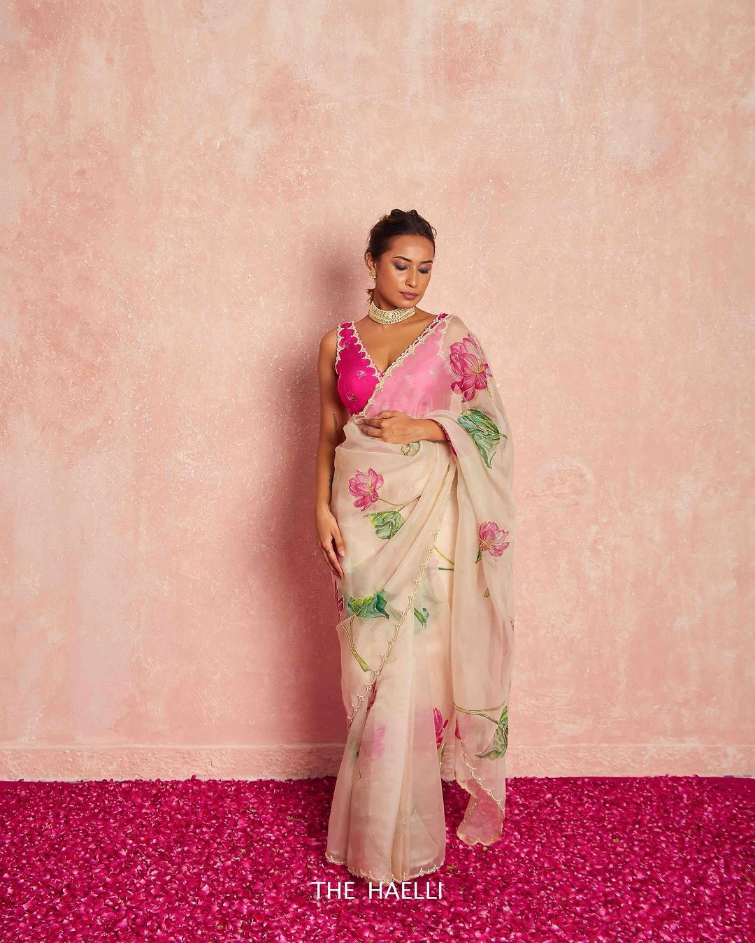 Lotus Bloom Hand-Painted Organza Saree with Hot Pink Scallop Blouse