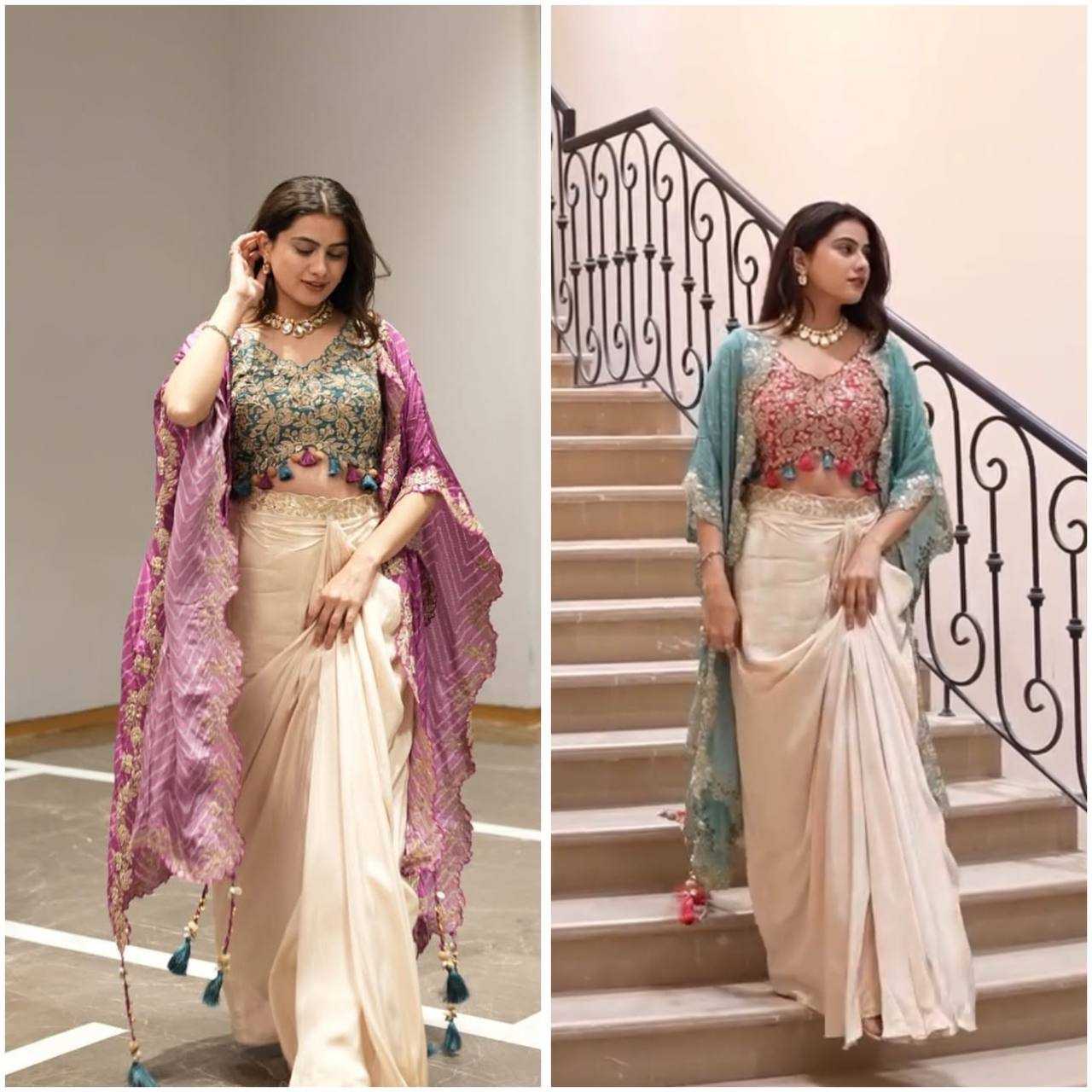 Regal Radiance 3-Piece Indo-Western Set – Tube Blouse, Draped Skirt & Embroidered Shrug