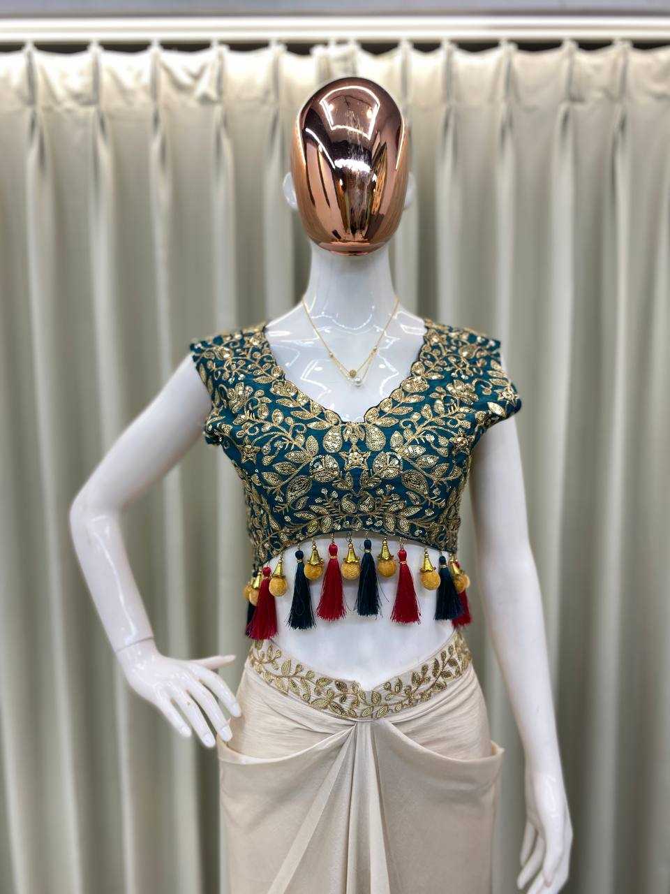 Regal Radiance 3-Piece Indo-Western Set – Tube Blouse, Draped Skirt & Embroidered Shrug