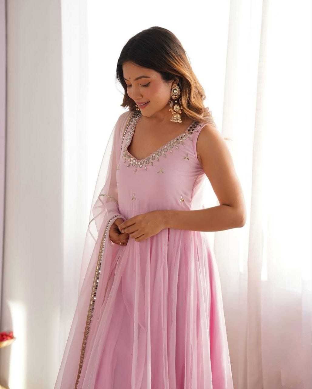 Blush Pink Embellished Anarkali Gown with Dupatta in Georgette