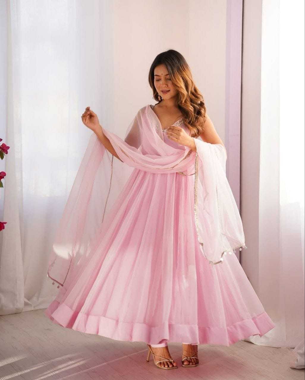 Blush Pink Embellished Anarkali Gown with Dupatta in Georgette