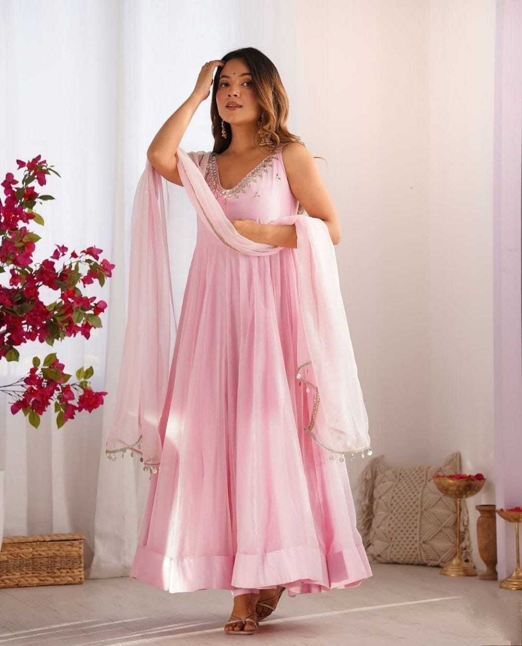 Blush Pink Embellished Anarkali Gown with Dupatta in Georgette