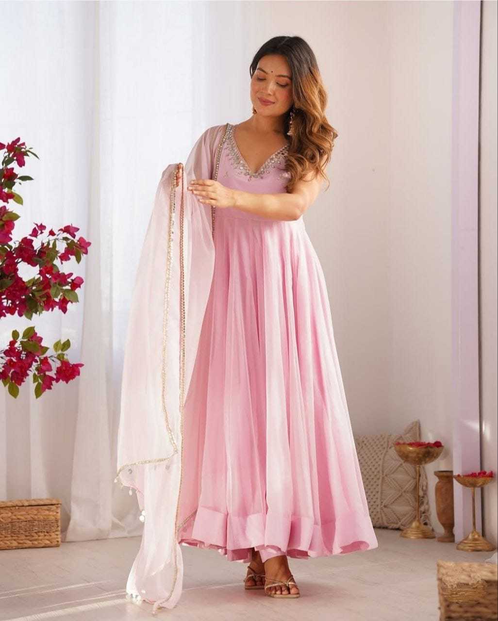 Blush Pink Embellished Anarkali Gown with Dupatta in Georgette