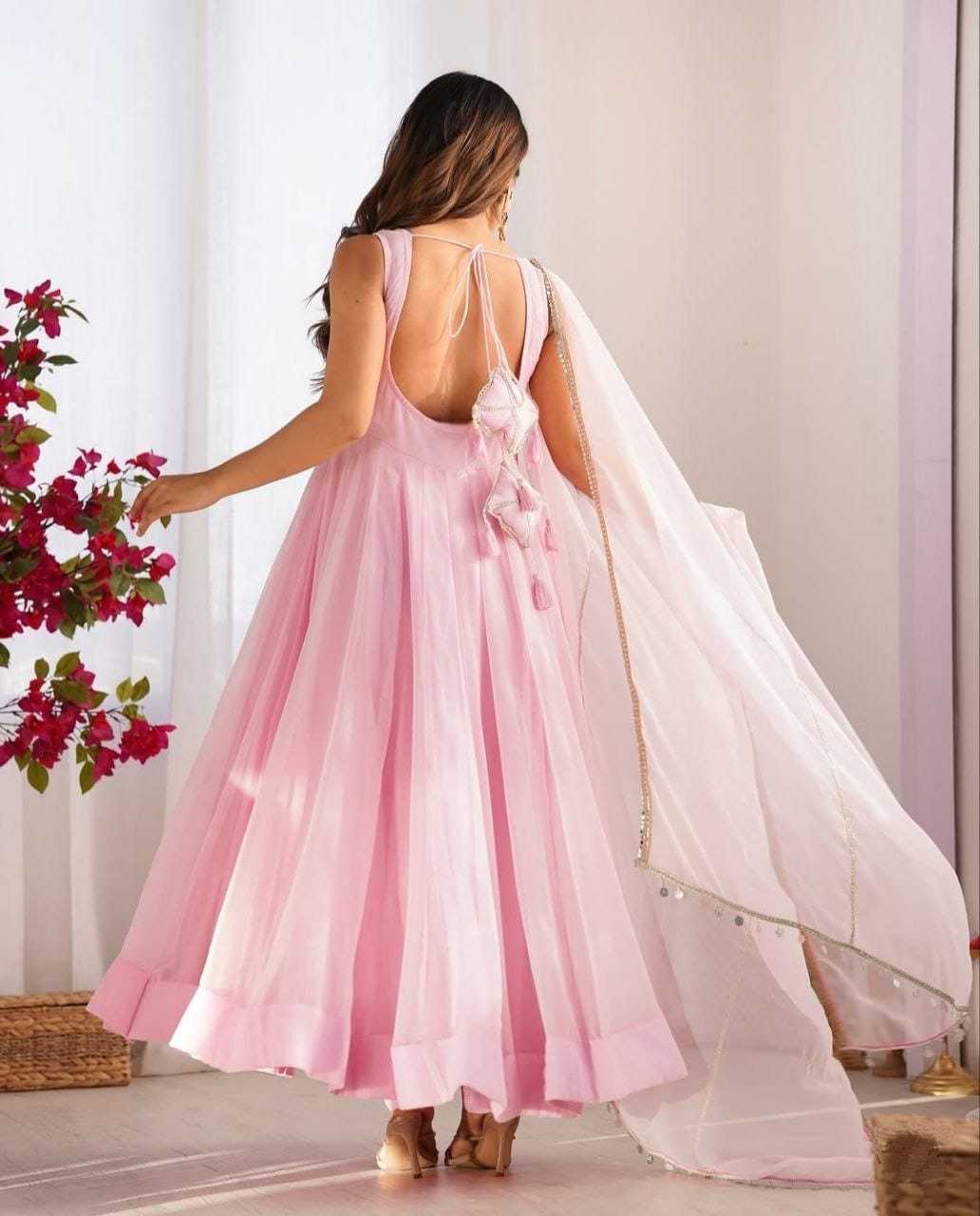 Blush Pink Embellished Anarkali Gown with Dupatta in Georgette