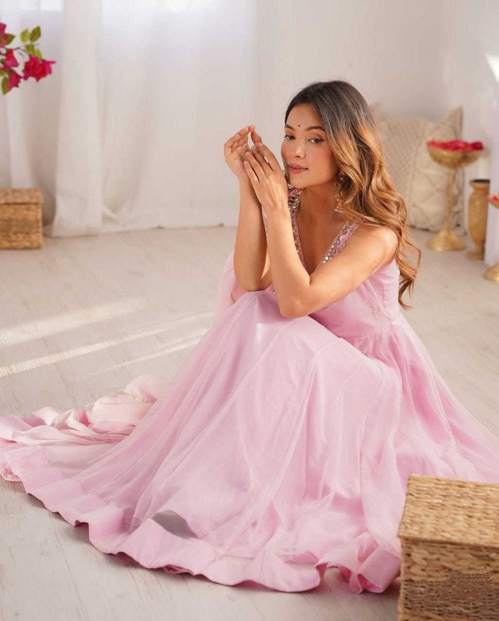 Blush Pink Embellished Anarkali Gown with Dupatta in Georgette