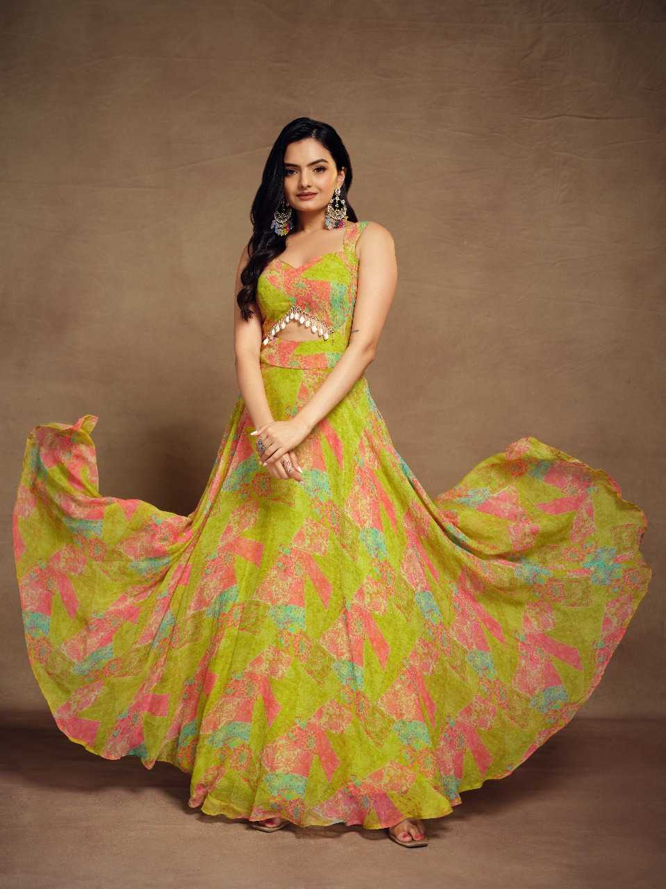 Vibrant Multicolor Faux Georgette Flared Gown with Mirror Detailing