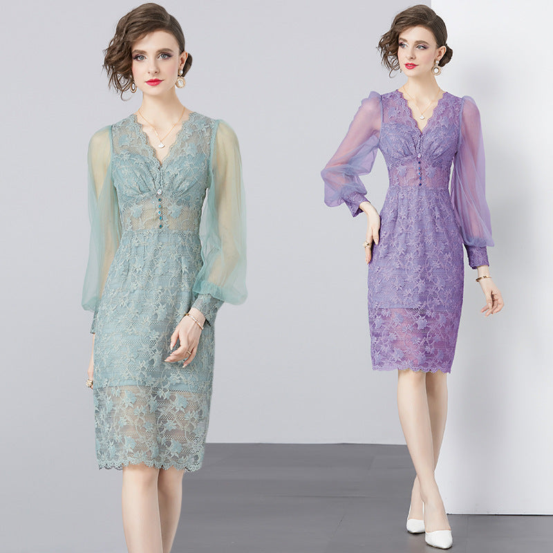 Elegant Lace Mesh Dress with Sheer Sleeves
