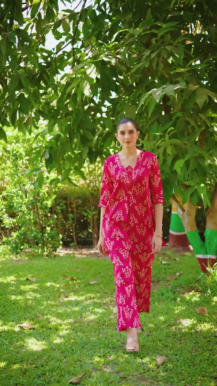 Elegant Hand worked Cotton CORD-SET Suit with Printed V-Neck Design & Matching Pant