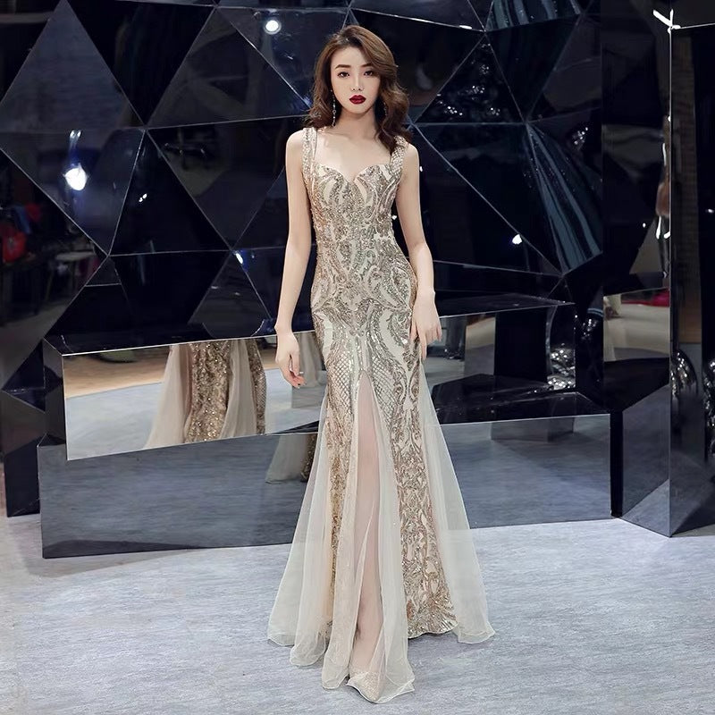 Fishtail Long Summer Sequins Sling Evening Gown – Sleeveless Luxe Edition