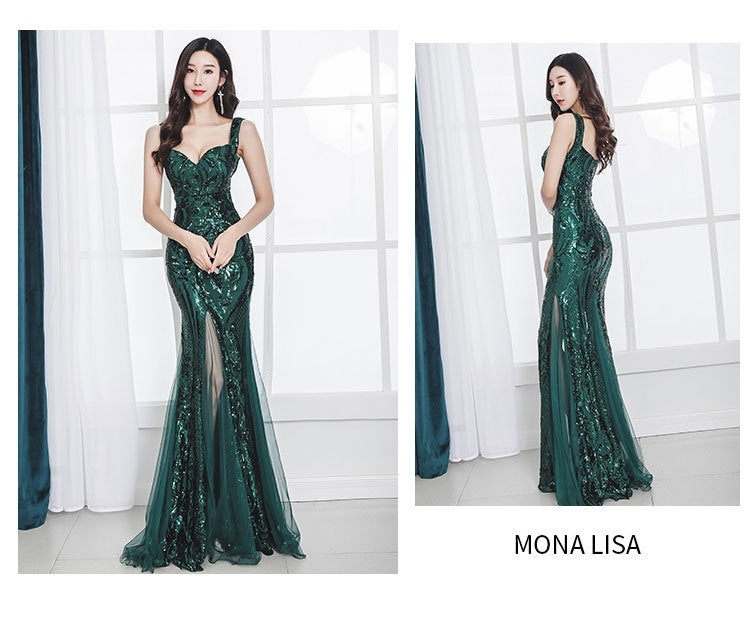 Fishtail Long Summer Sequins Sling Evening Gown – Sleeveless Luxe Edition