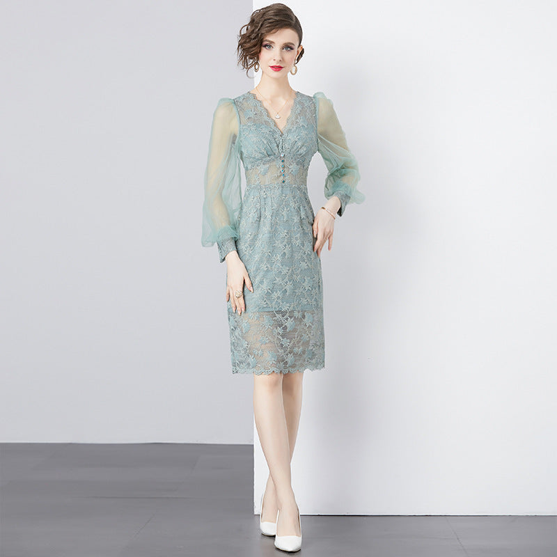 Elegant Lace Mesh Dress with Sheer Sleeves