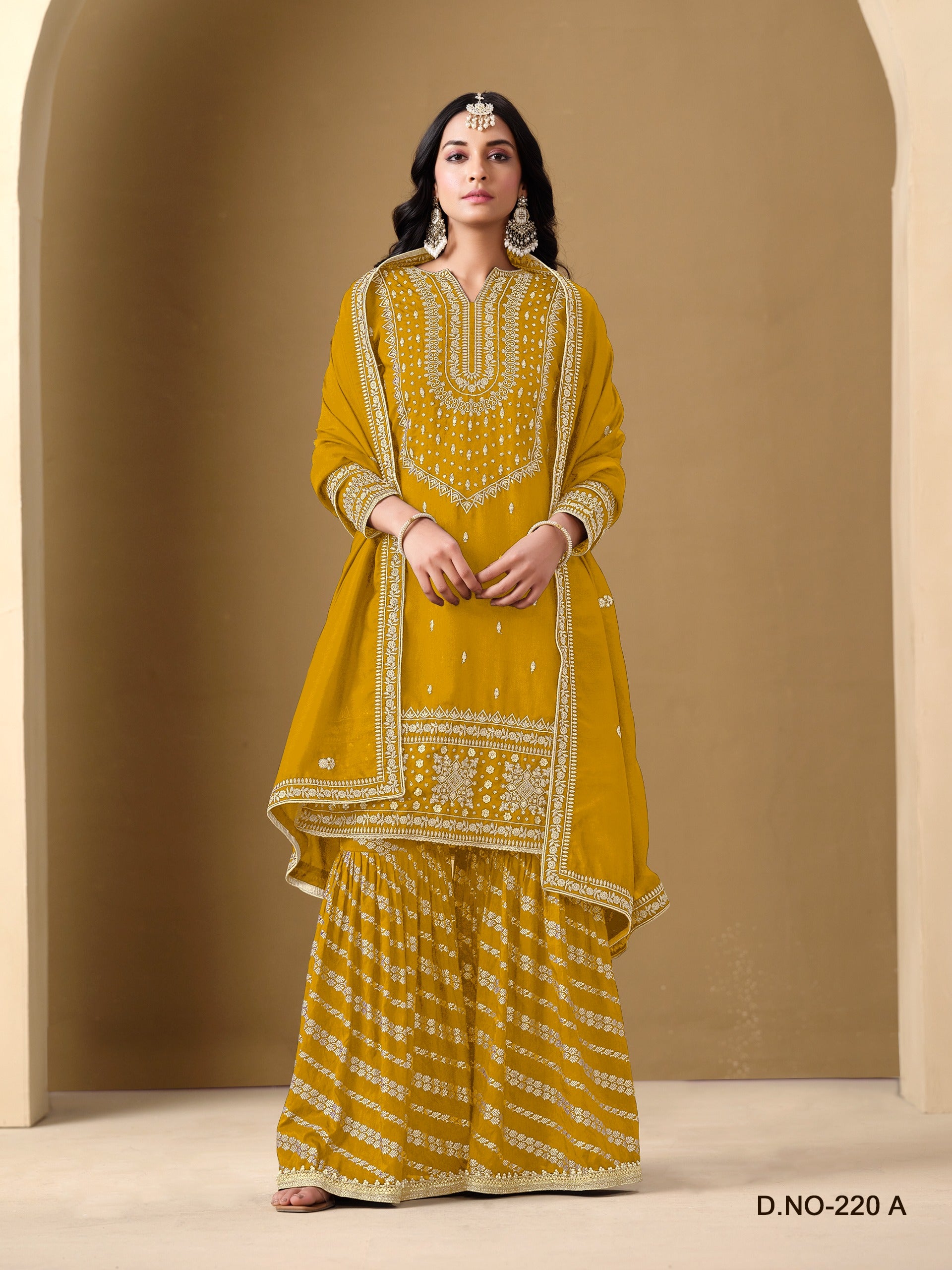 Regal Embroidered Sharara Suit Set | Art Silk Ensemble with Dolla Jacquard Sharara & Dupatta