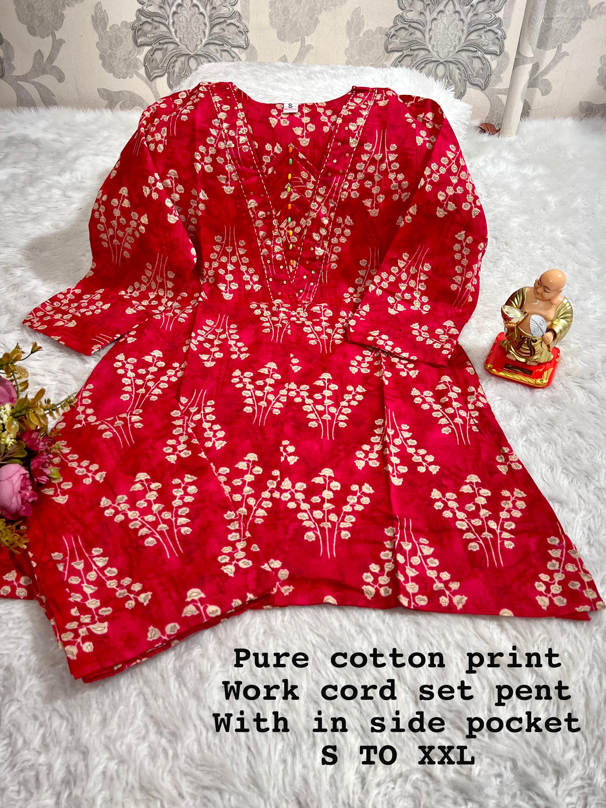 Elegant Hand worked Cotton CORD-SET Suit with Printed V-Neck Design & Matching Pant