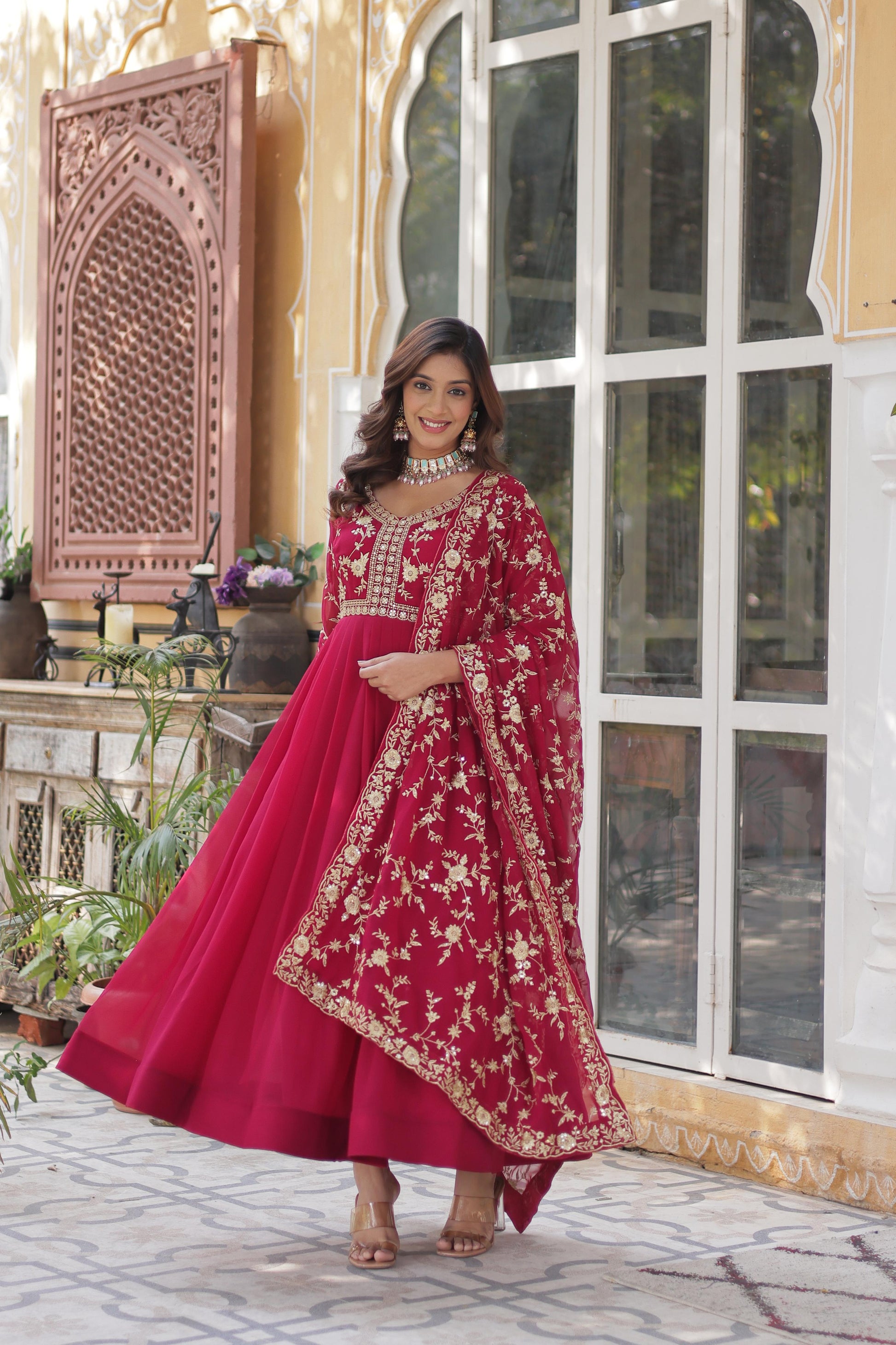 Faux Blooming Embroidered Gown with Sequins & Dupatta Set