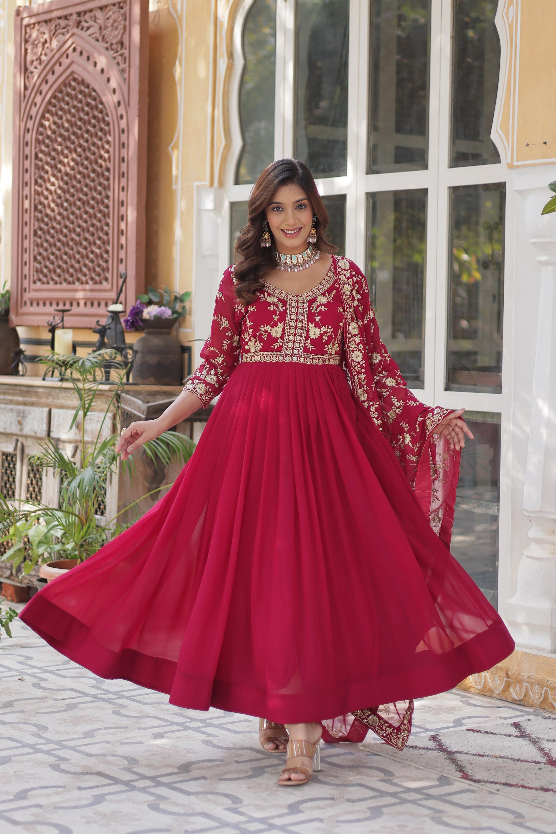 Faux Blooming Embroidered Gown with Sequins & Dupatta Set