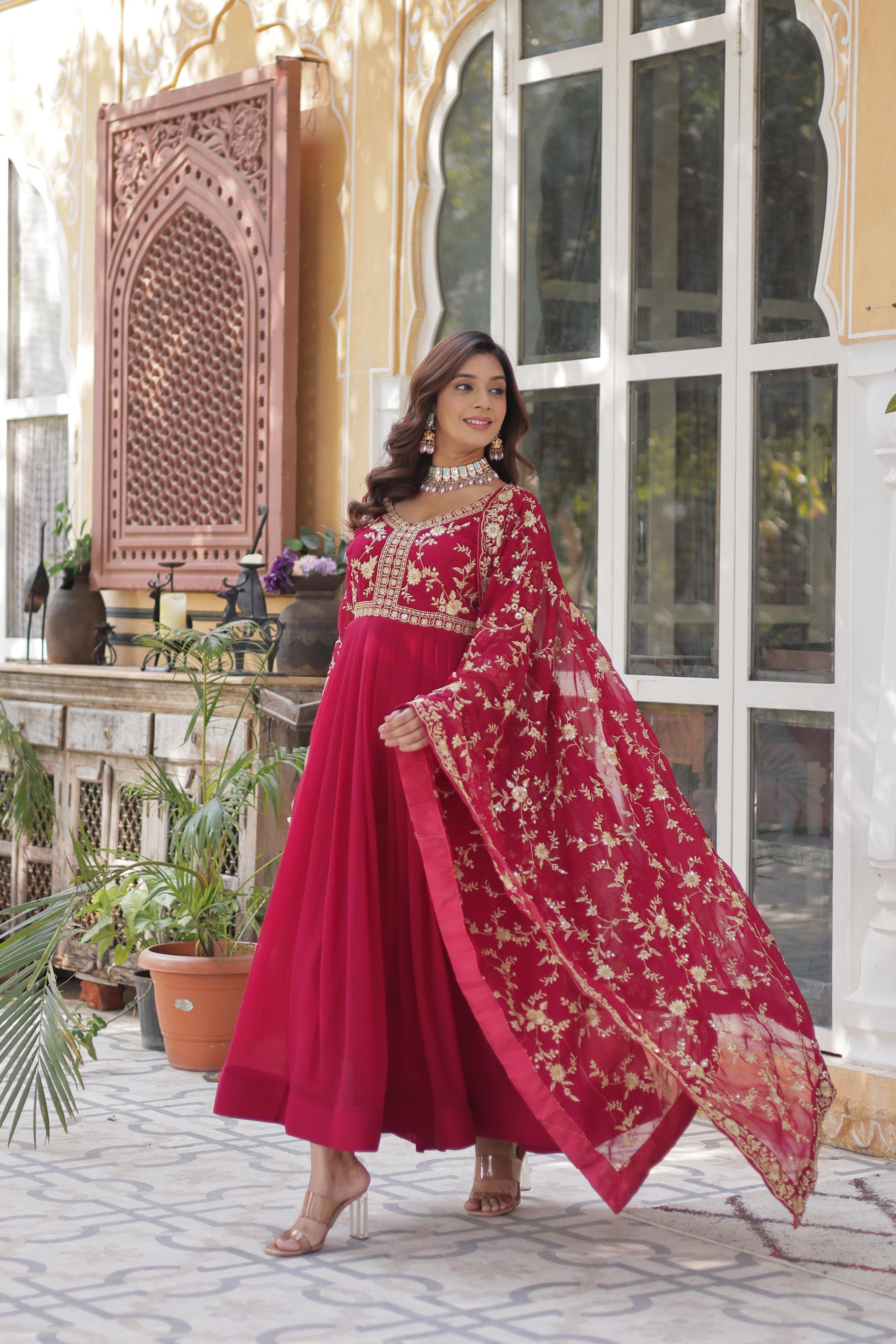 Faux Blooming Embroidered Gown with Sequins & Dupatta Set