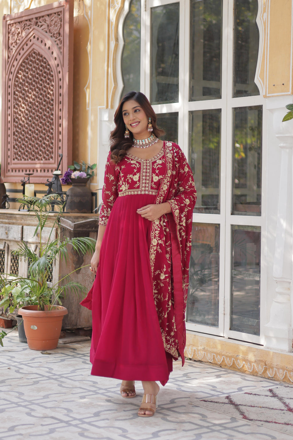 Faux Blooming Embroidered Gown with Sequins & Dupatta Set