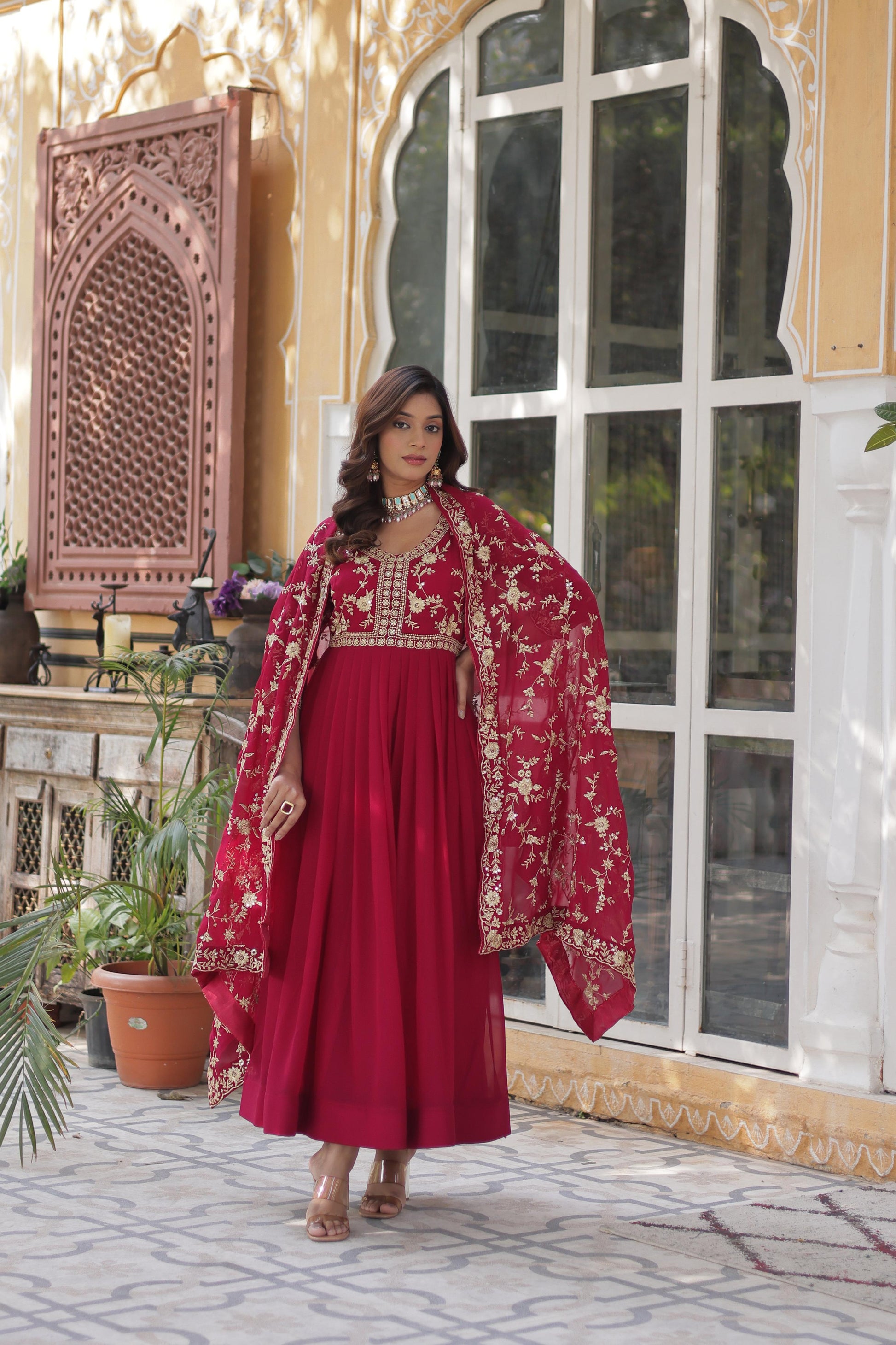 Faux Blooming Embroidered Gown with Sequins & Dupatta Set