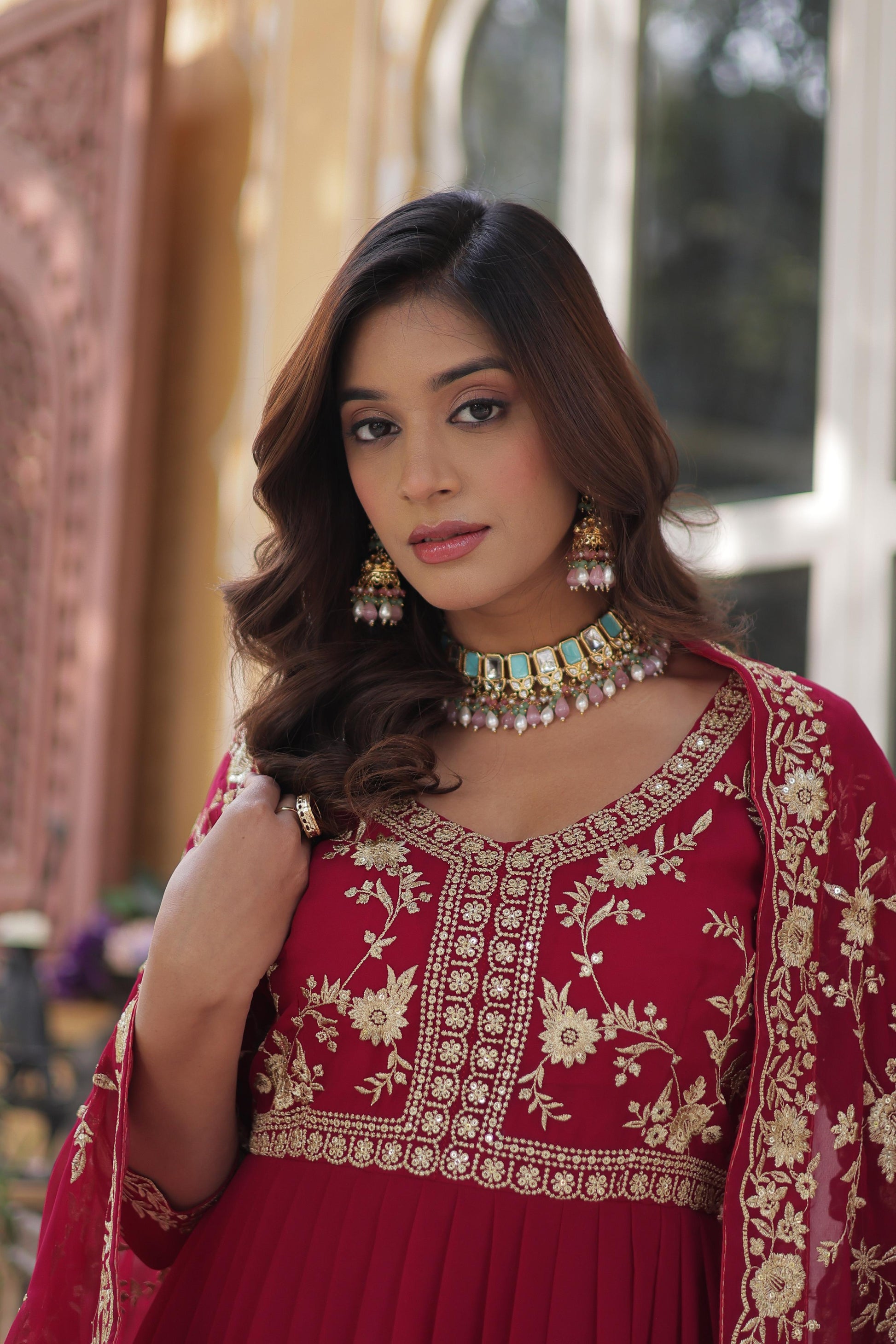 Faux Blooming Embroidered Gown with Sequins & Dupatta Set