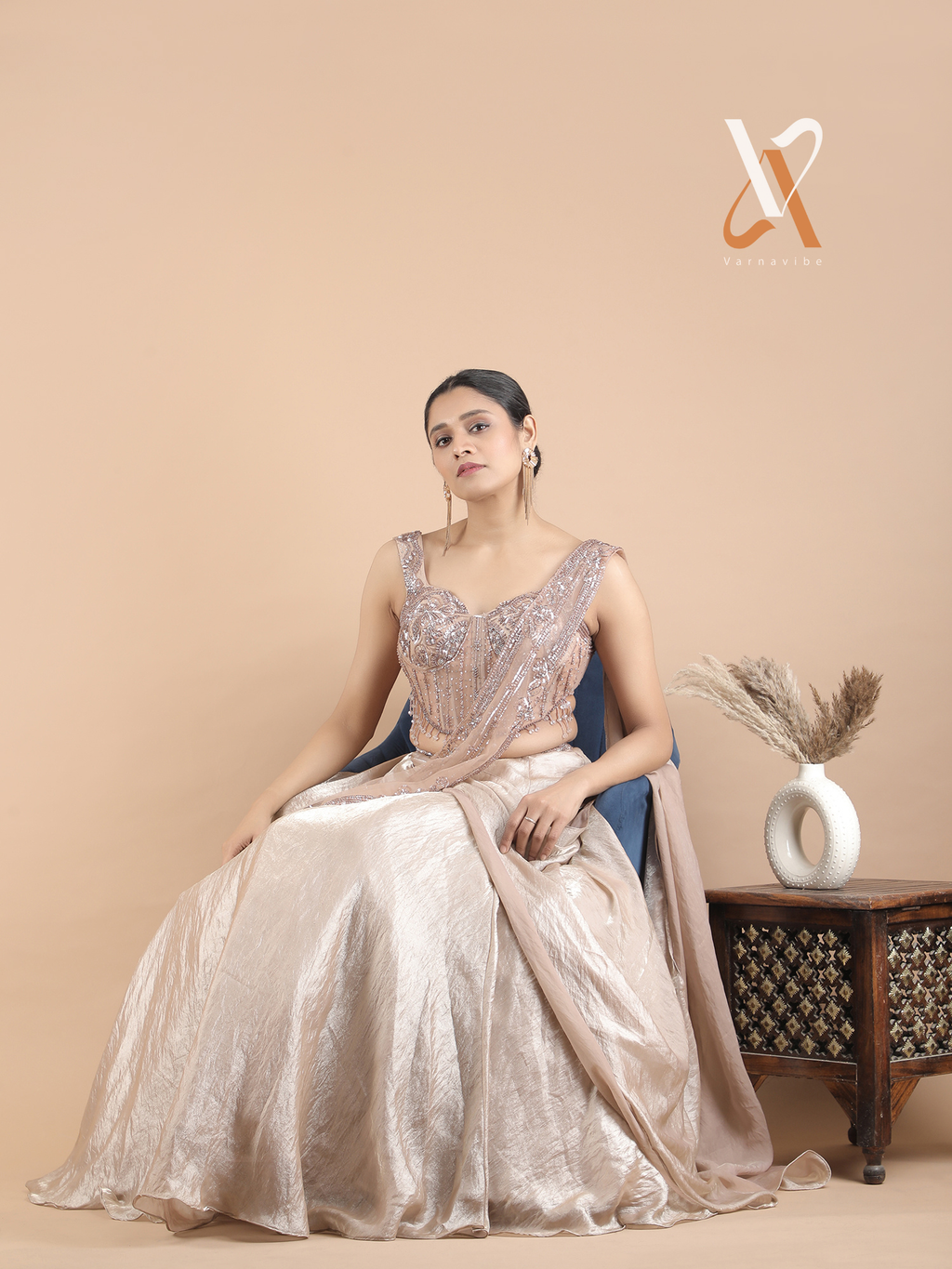 Beige Indo-Western Lehenga Set with Beaded Corset Blouse & Stylish Drape Dupatta