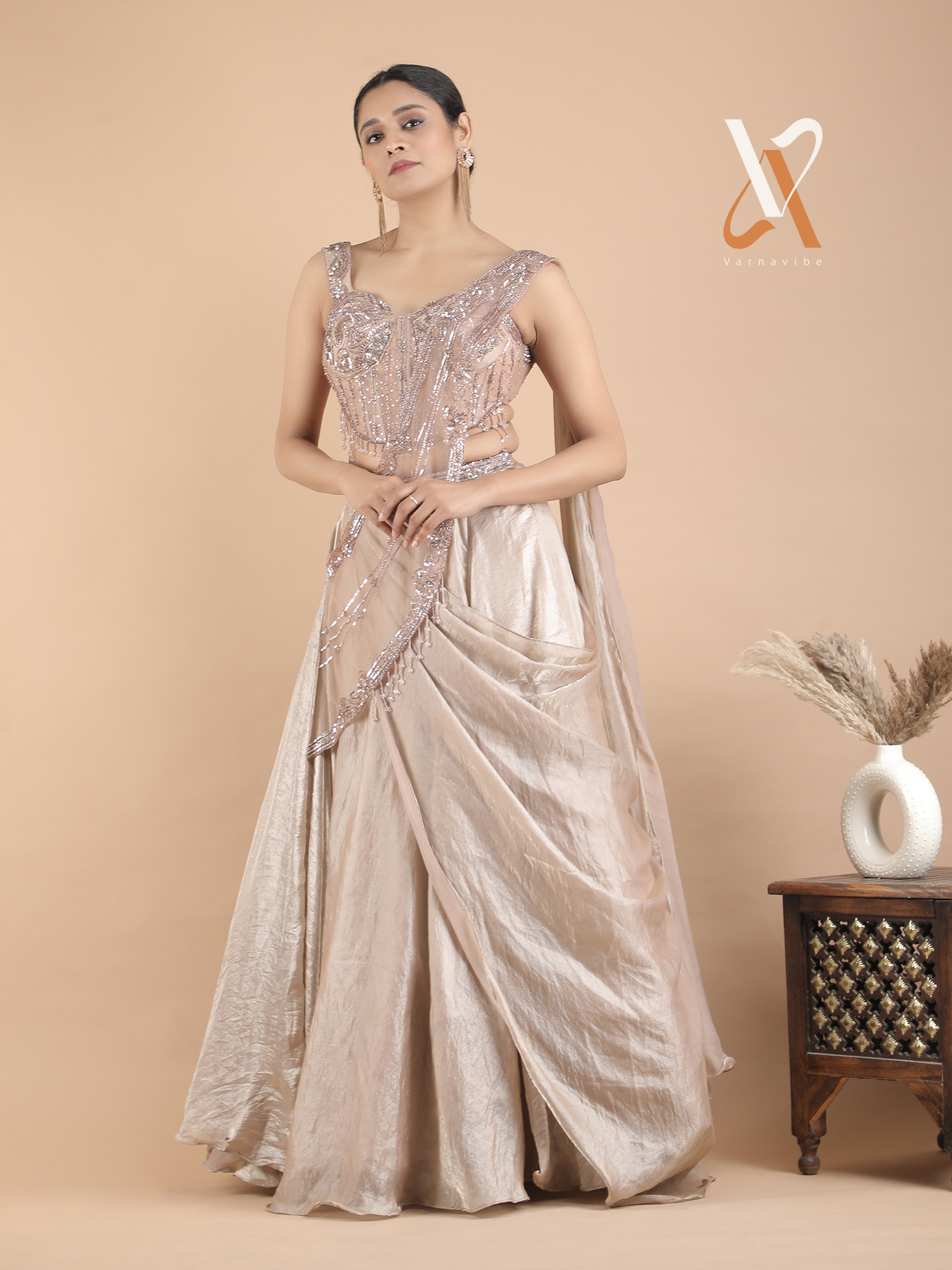 Beige Indo-Western Lehenga Set with Beaded Corset Blouse & Stylish Drape Dupatta