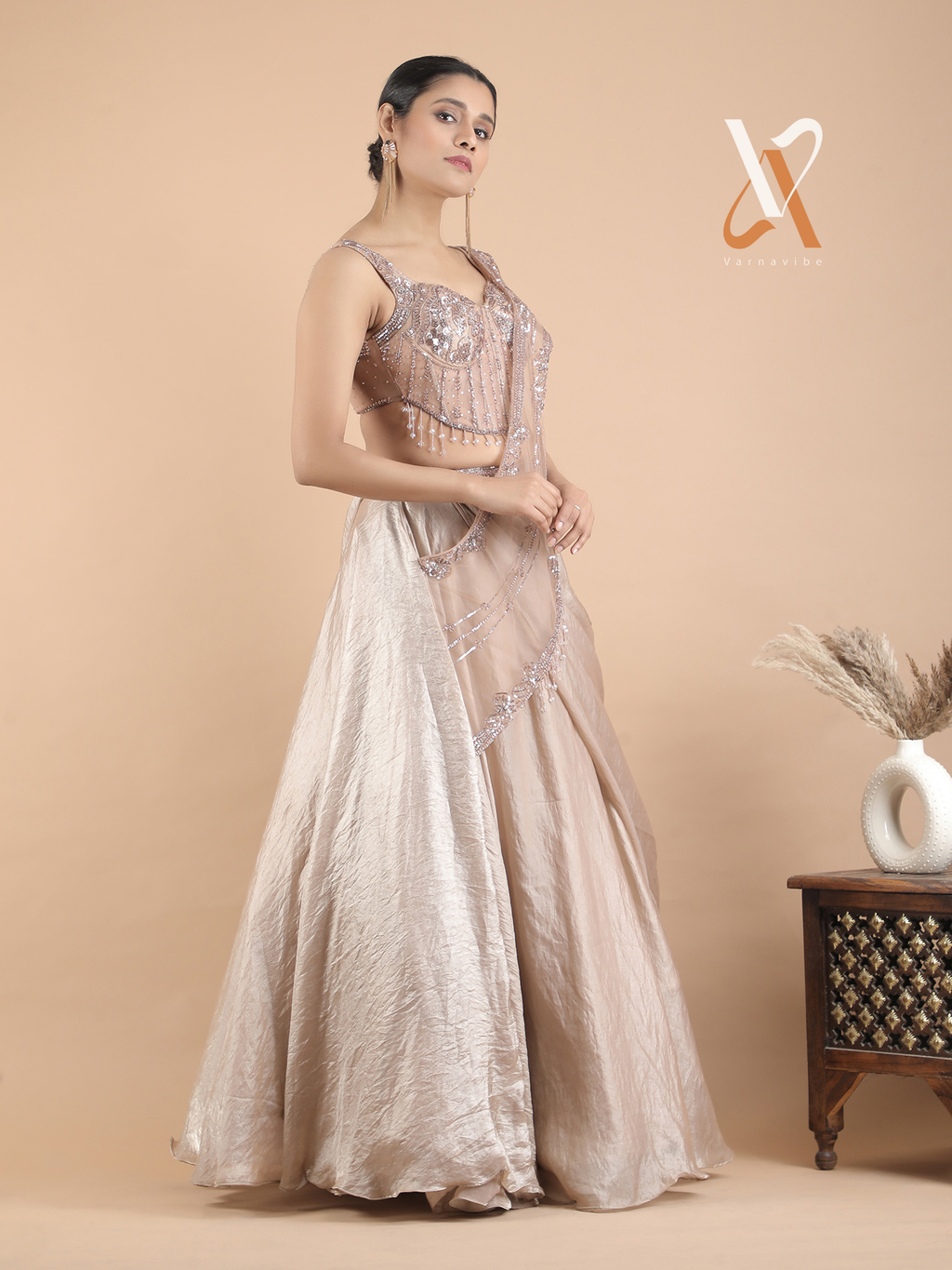 Beige Indo-Western Lehenga Set with Beaded Corset Blouse & Stylish Drape Dupatta