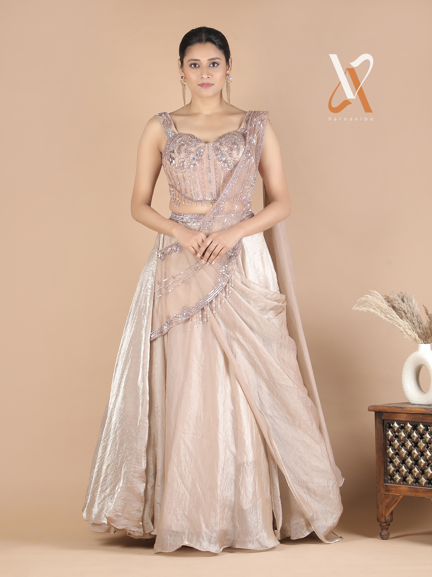 Beige Indo-Western Lehenga Set with Beaded Corset Blouse & Stylish Drape Dupatta