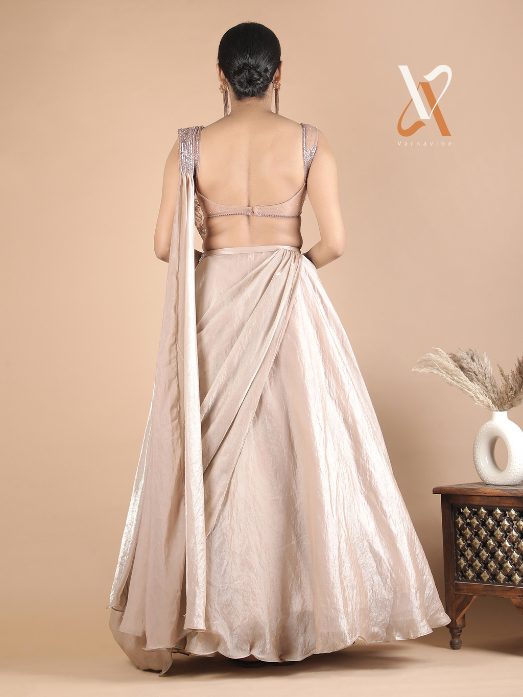 Beige Indo-Western Lehenga Set with Beaded Corset Blouse & Stylish Drape Dupatta