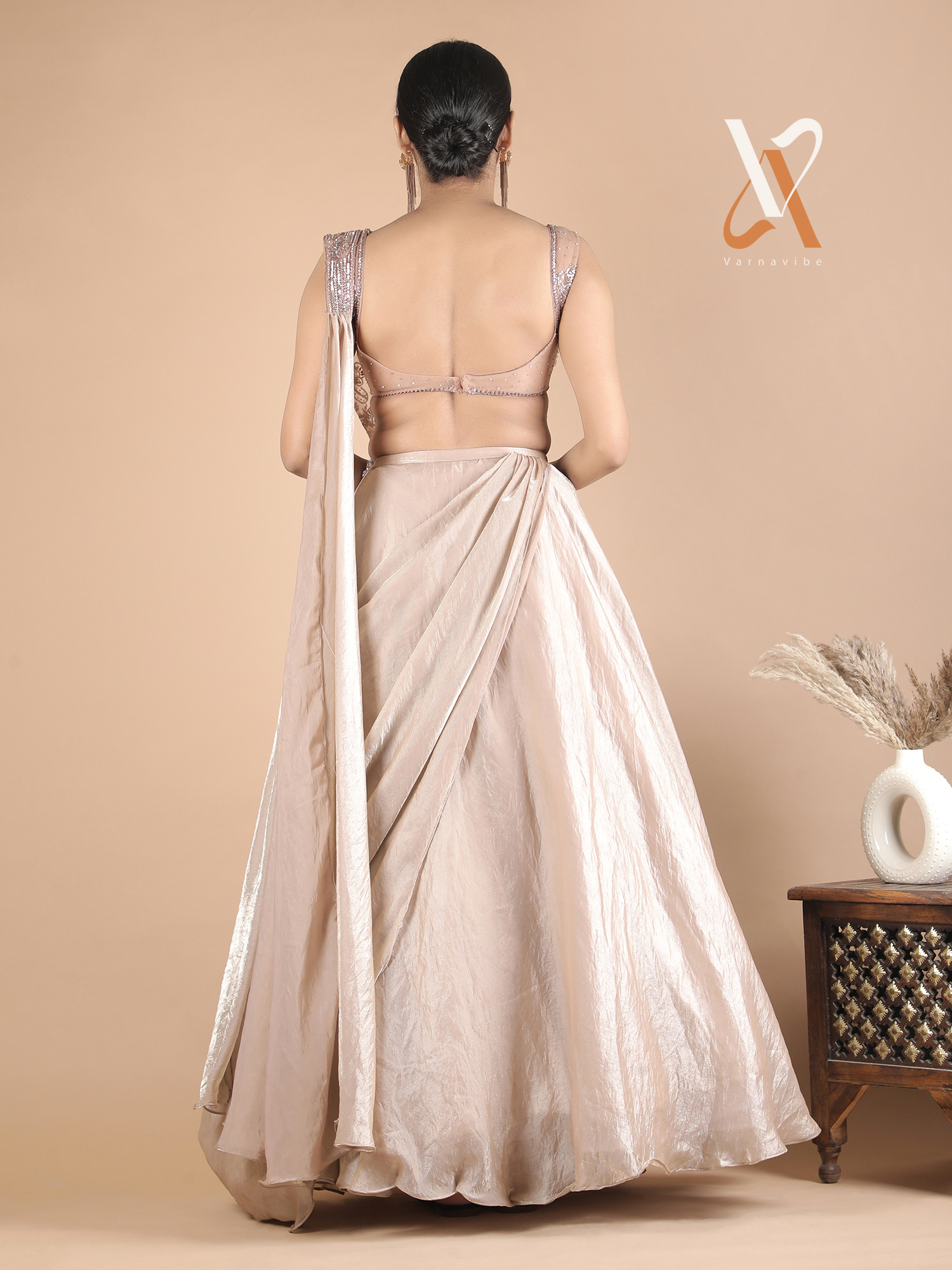 Beige Indo-Western Lehenga Set with Beaded Corset Blouse & Stylish Drape Dupatta