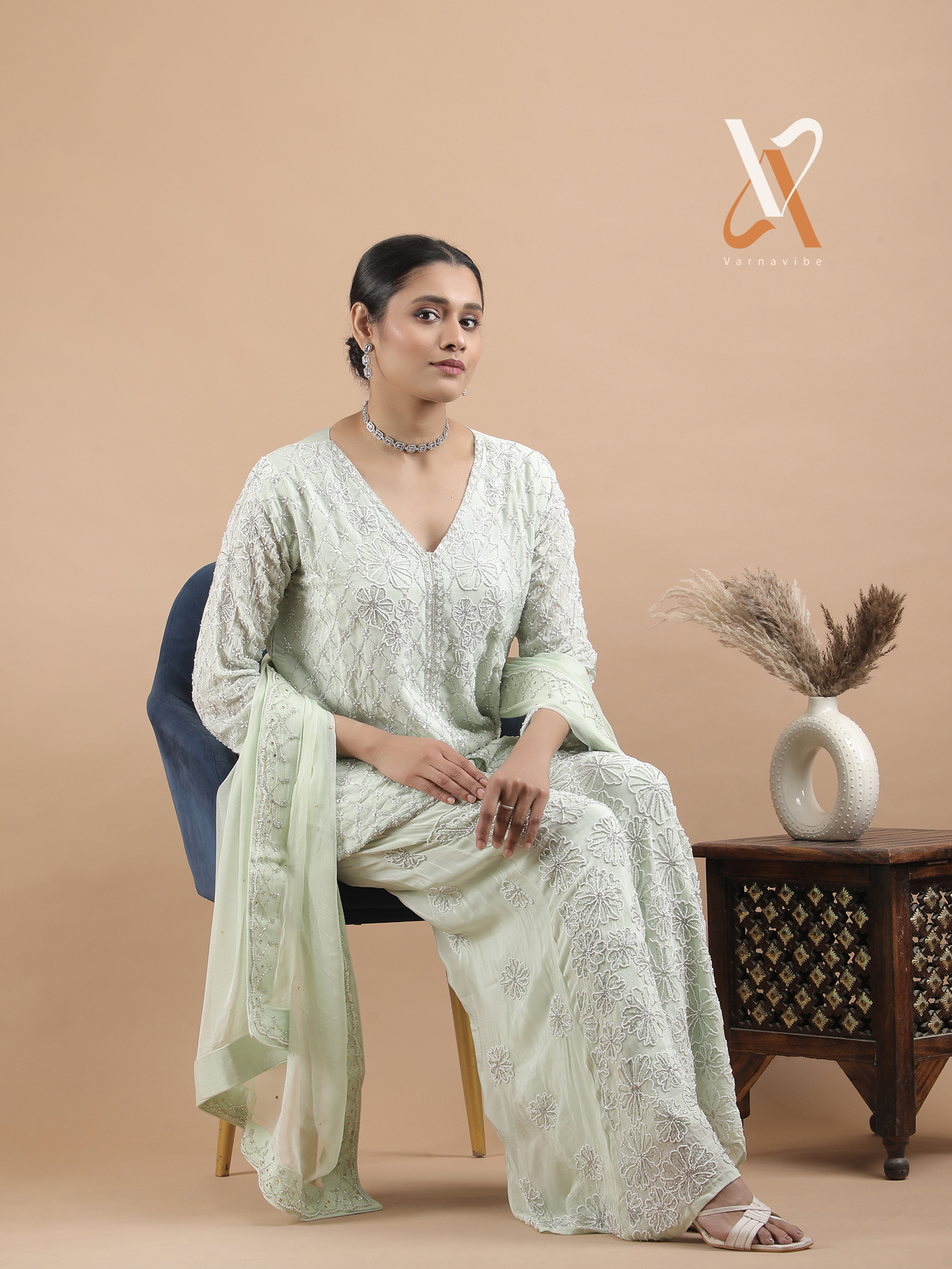 Elegant Mint Green Embroidered Kurta Palazzo Set with Dupatta