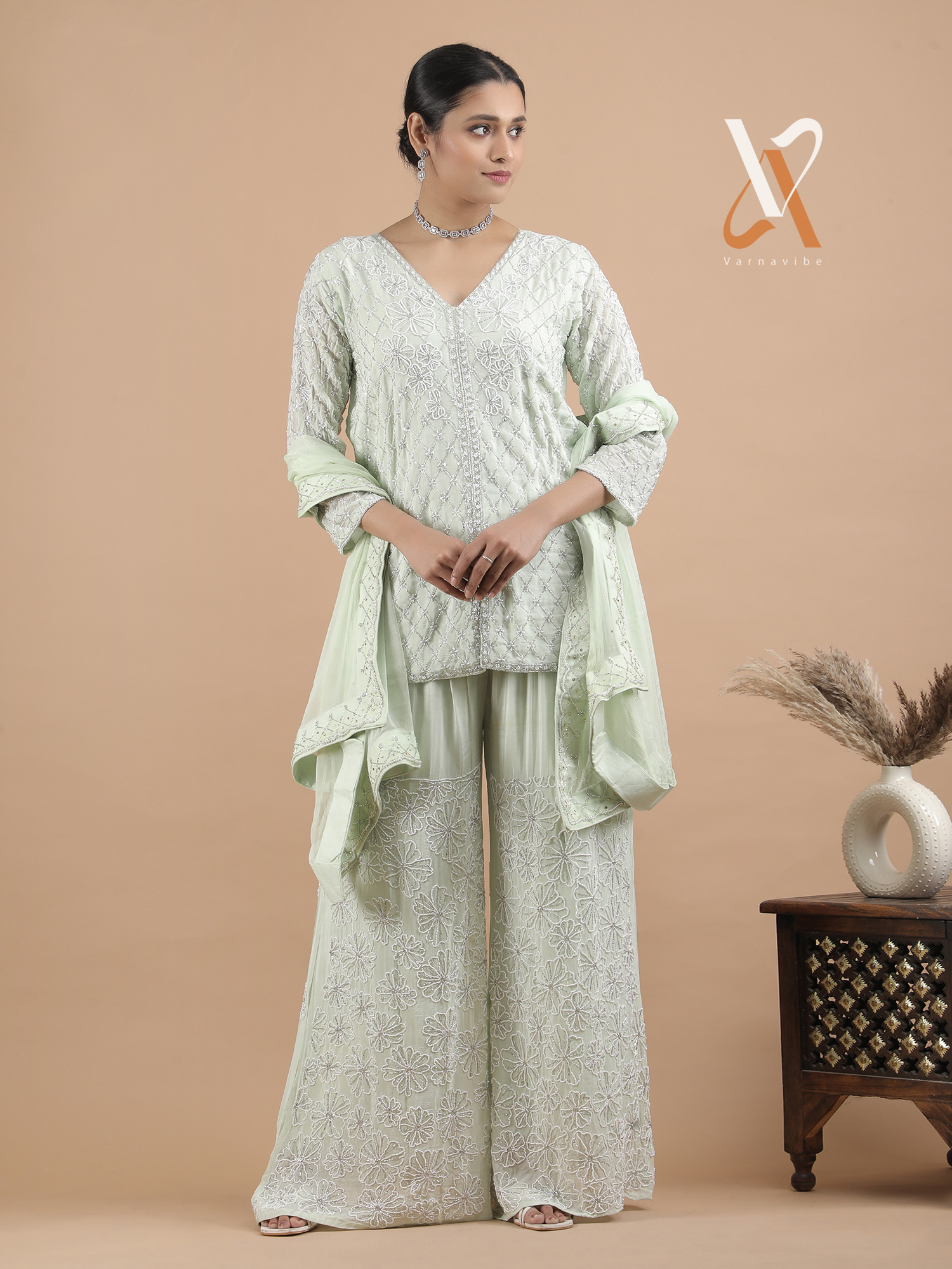 Elegant Mint Green Embroidered Kurta Palazzo Set with Dupatta