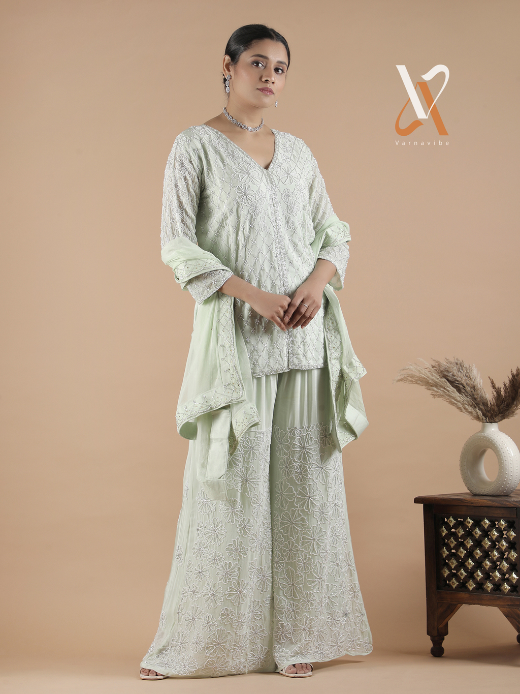 Elegant Mint Green Embroidered Kurta Palazzo Set with Dupatta
