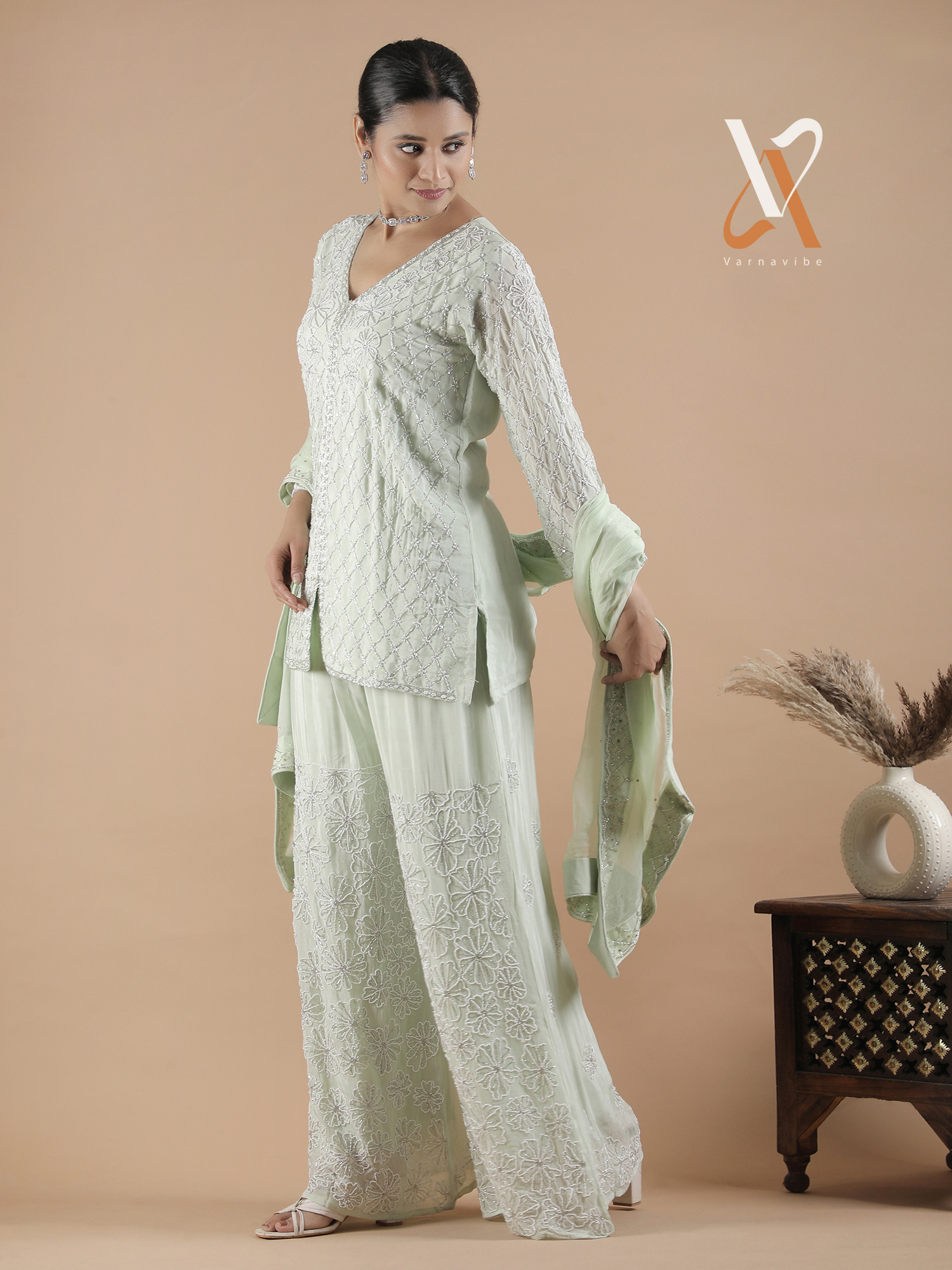 Elegant Mint Green Embroidered Kurta Palazzo Set with Dupatta