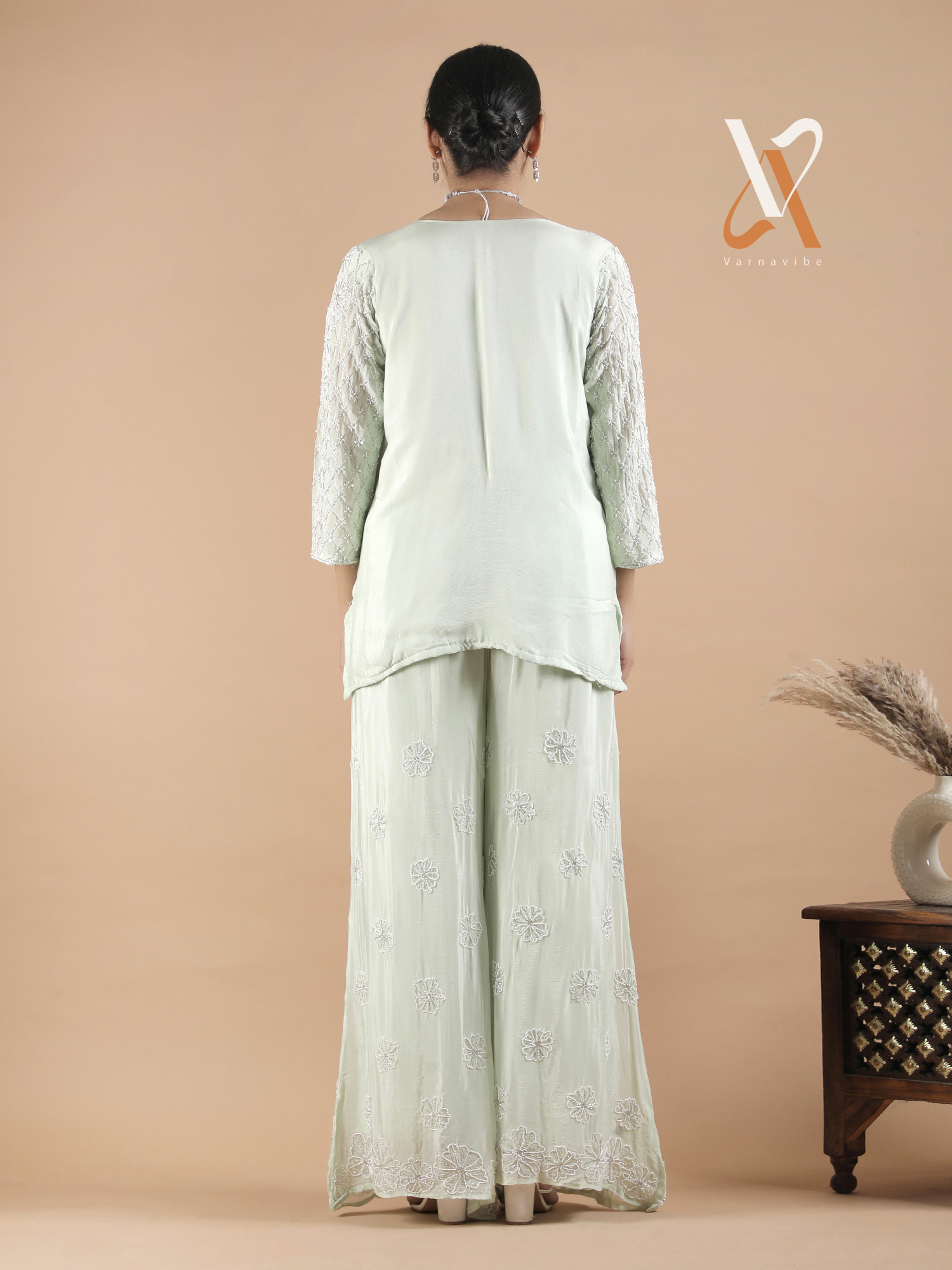 Elegant Mint Green Embroidered Kurta Palazzo Set with Dupatta
