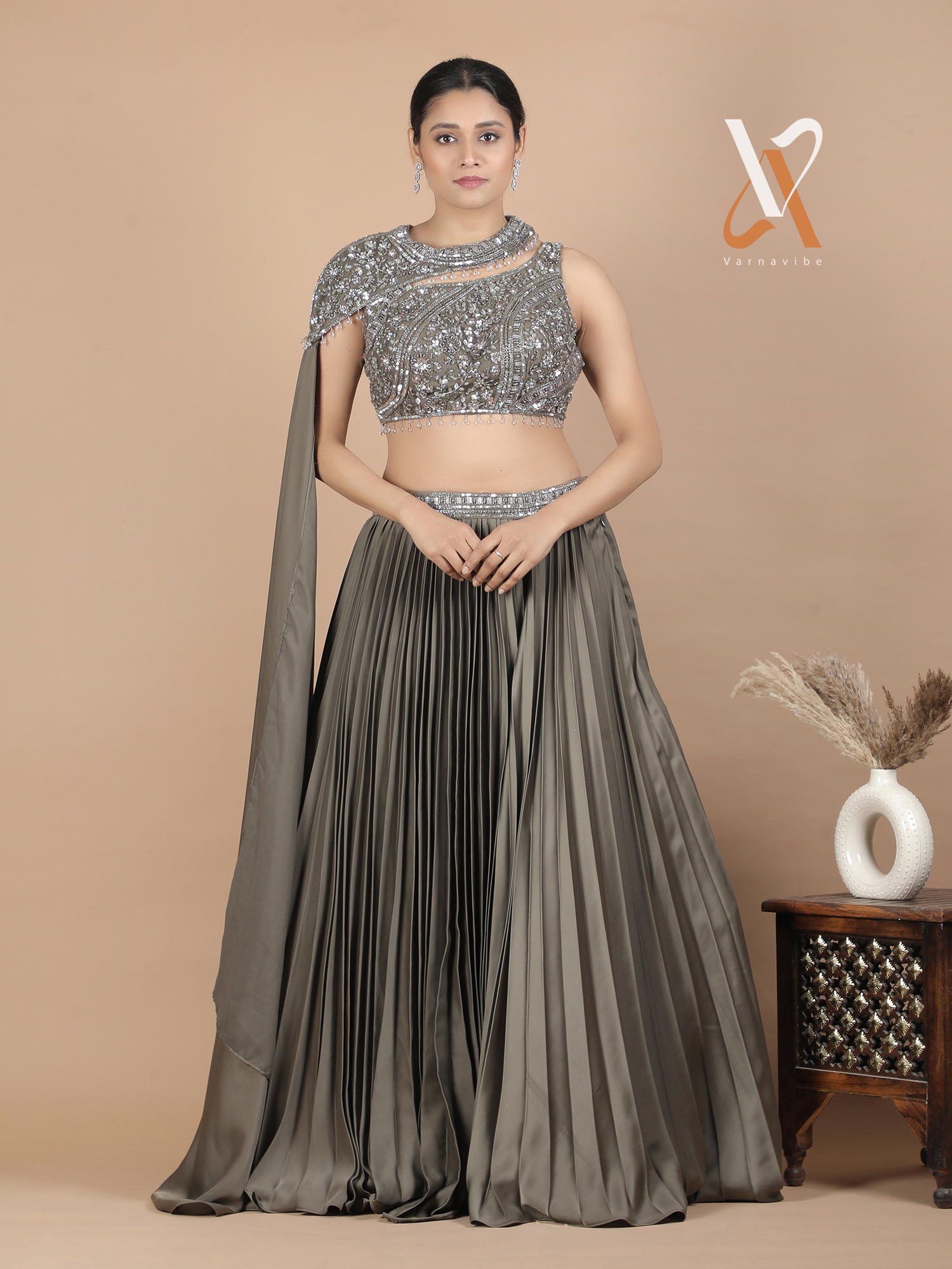 Stunning Olive Embellished Indo-Western Lehenga Set with Premium Pleated Satin Skirt & Stylish Drape Dupatta