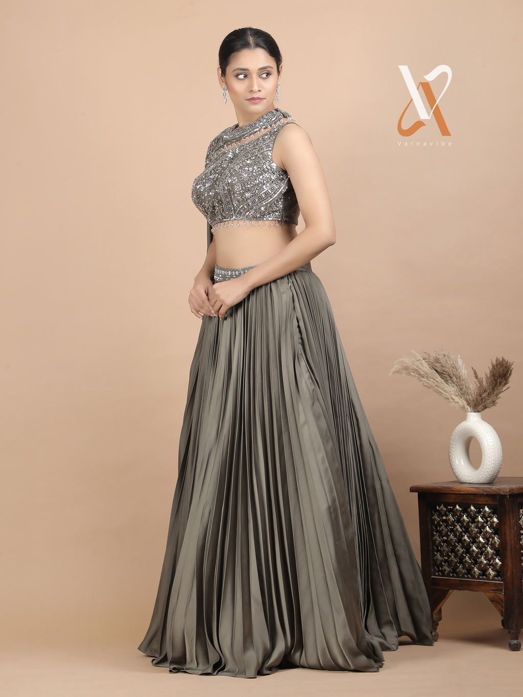 Stunning Olive Embellished Indo-Western Lehenga Set with Premium Pleated Satin Skirt & Stylish Drape Dupatta