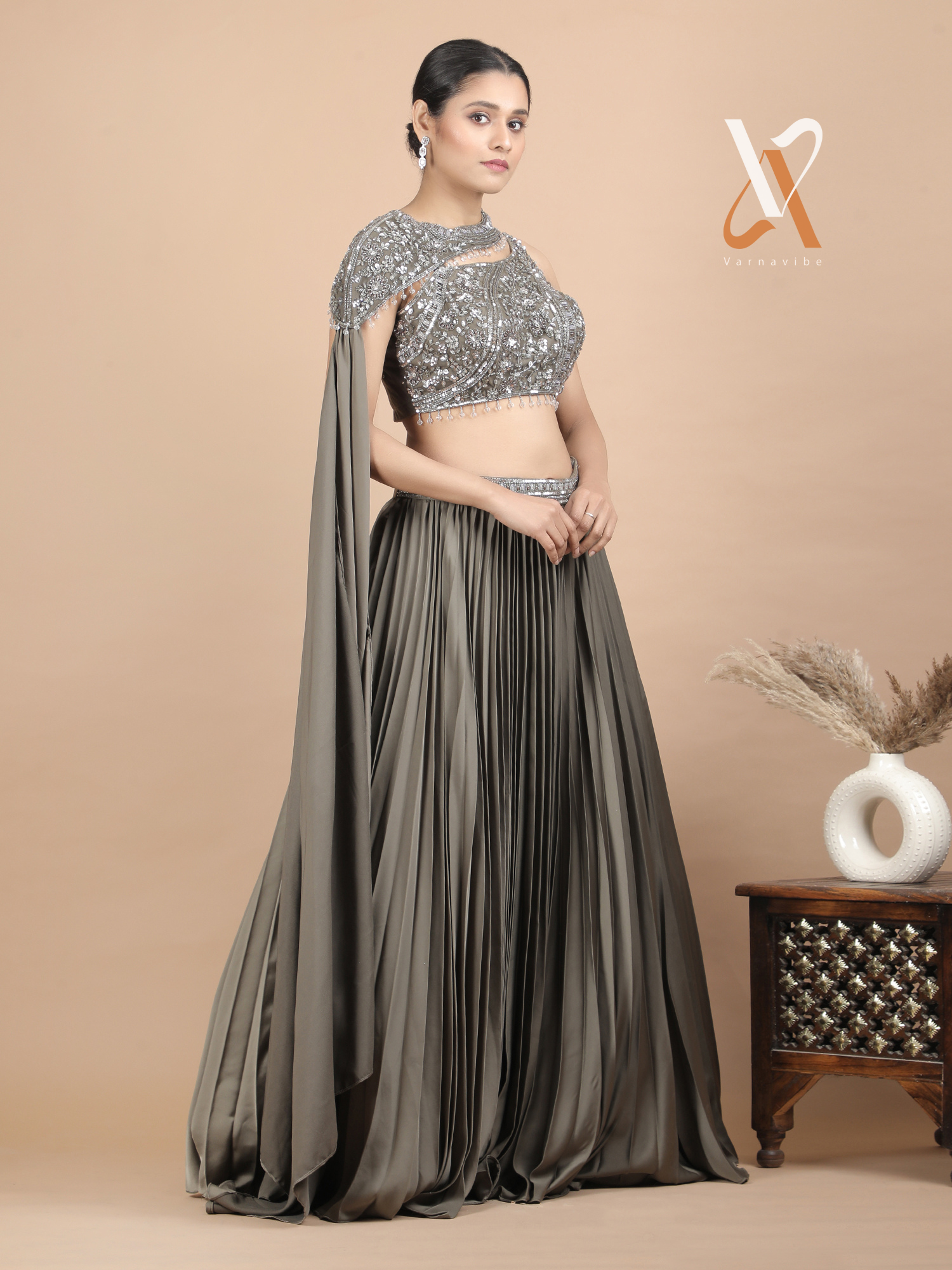 Stunning Olive Embellished Indo-Western Lehenga Set with Premium Pleated Satin Skirt & Stylish Drape Dupatta