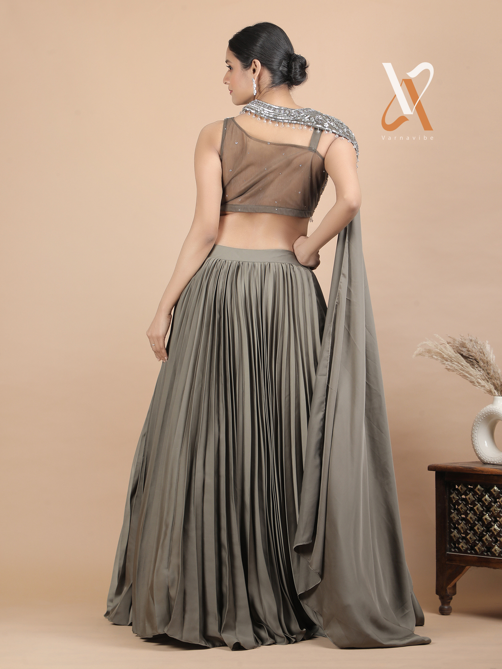 Stunning Olive Embellished Indo-Western Lehenga Set with Premium Pleated Satin Skirt & Stylish Drape Dupatta