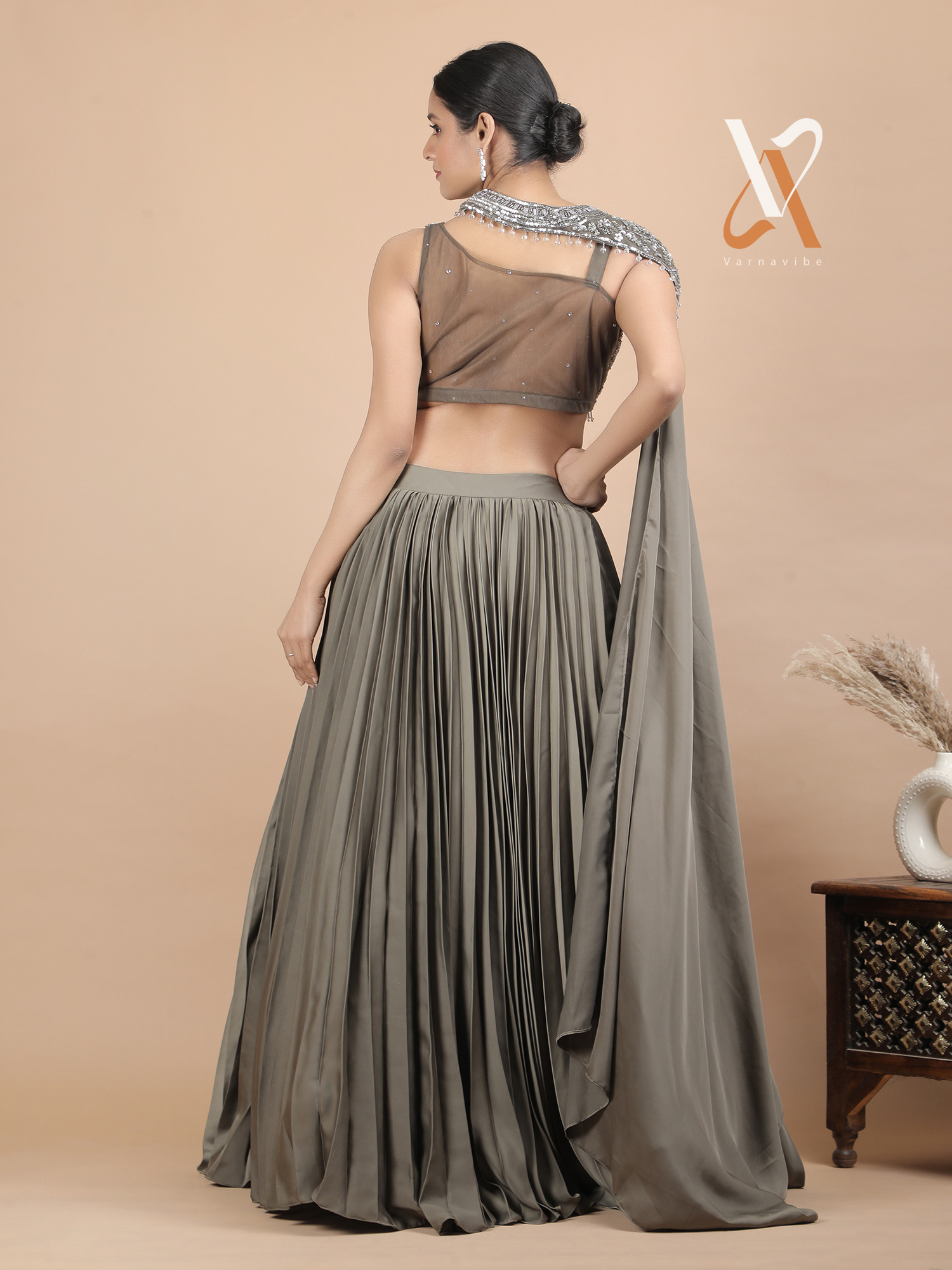 Stunning Olive Embellished Indo-Western Lehenga Set with Premium Pleated Satin Skirt & Stylish Drape Dupatta