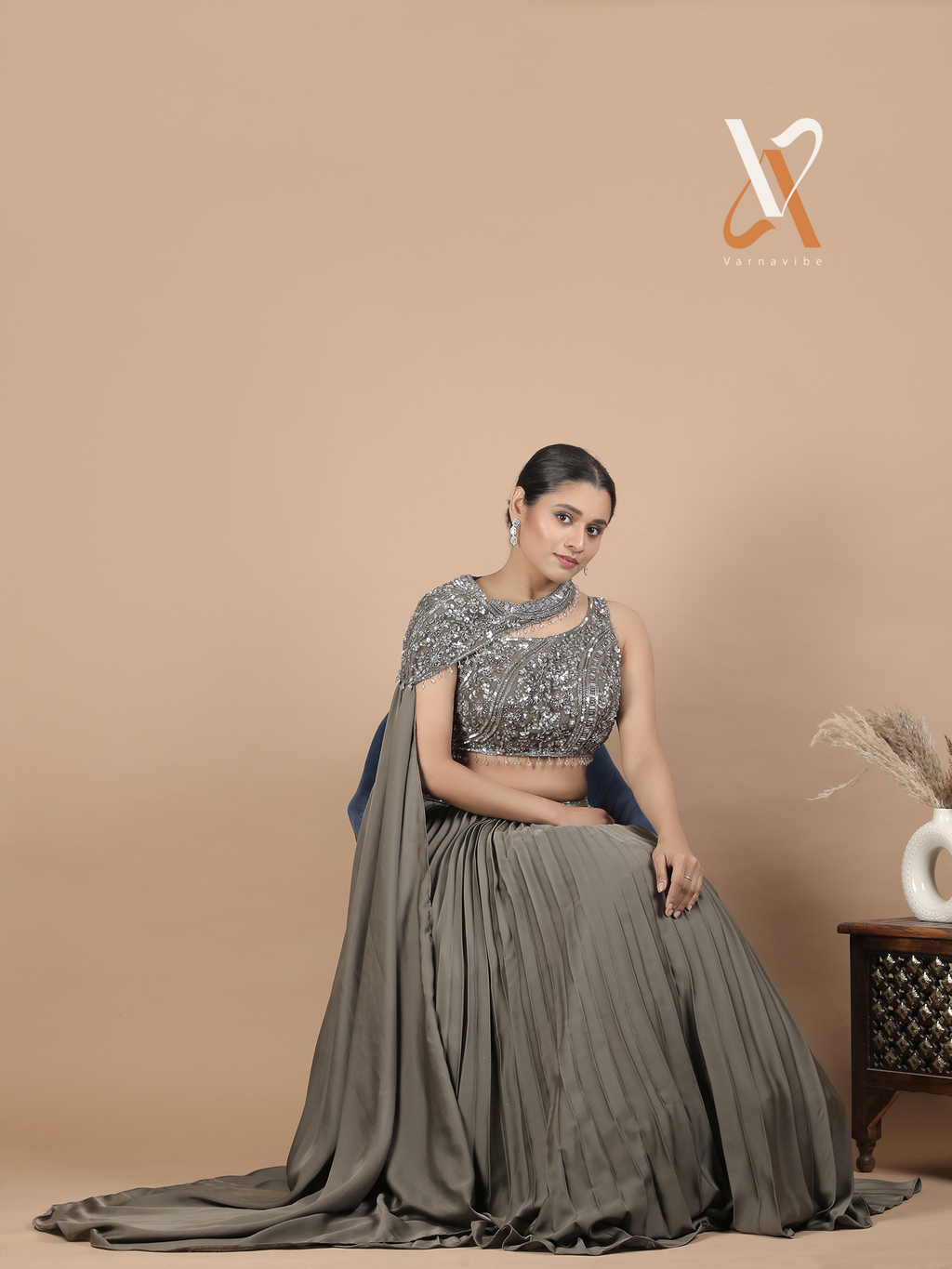 Stunning Olive Embellished Indo-Western Lehenga Set with Premium Pleated Satin Skirt & Stylish Drape Dupatta